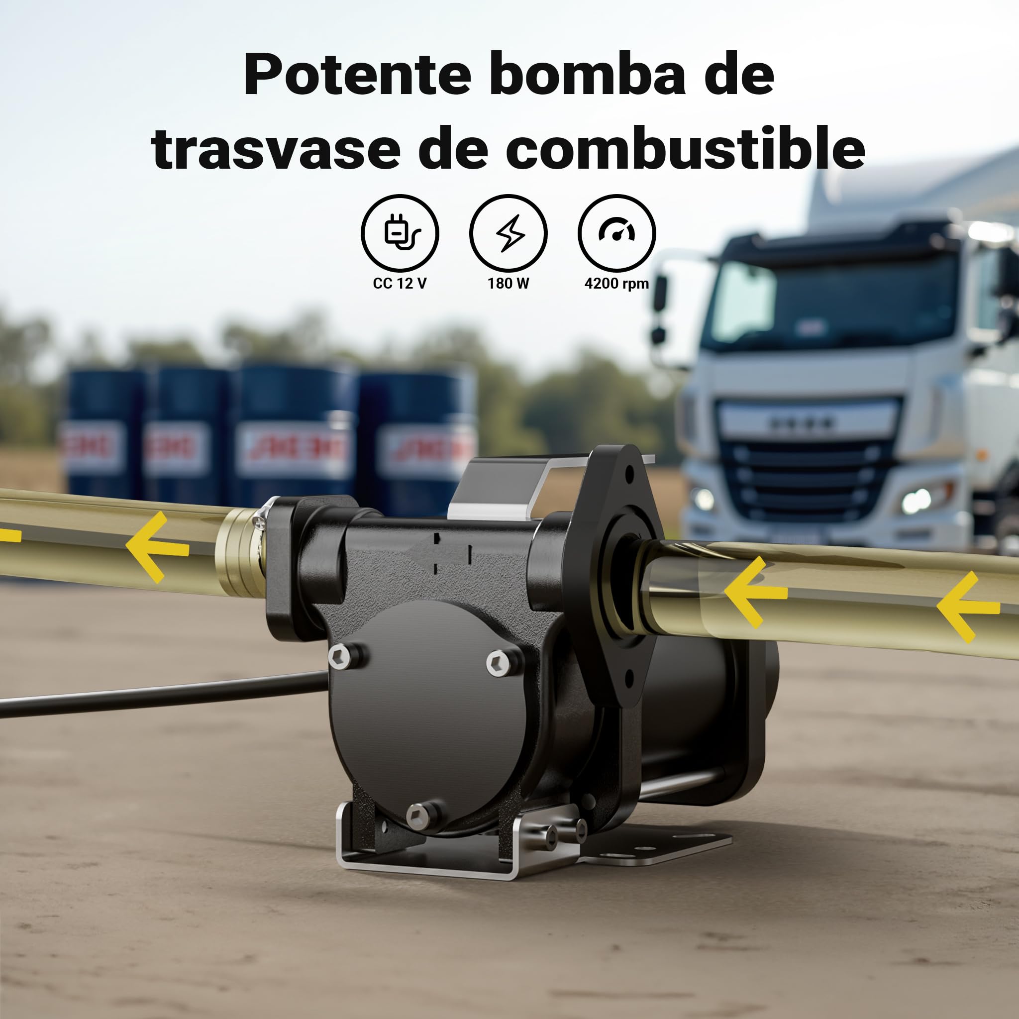 Wiltec Bomba de trasvase gasolina y diésel 12 V, 180 W caudal 40 l/min portátil cable con clips de batería altura máx. 10 m aspiración máx. 2 m autocebante ideal para trasvase desde barriles