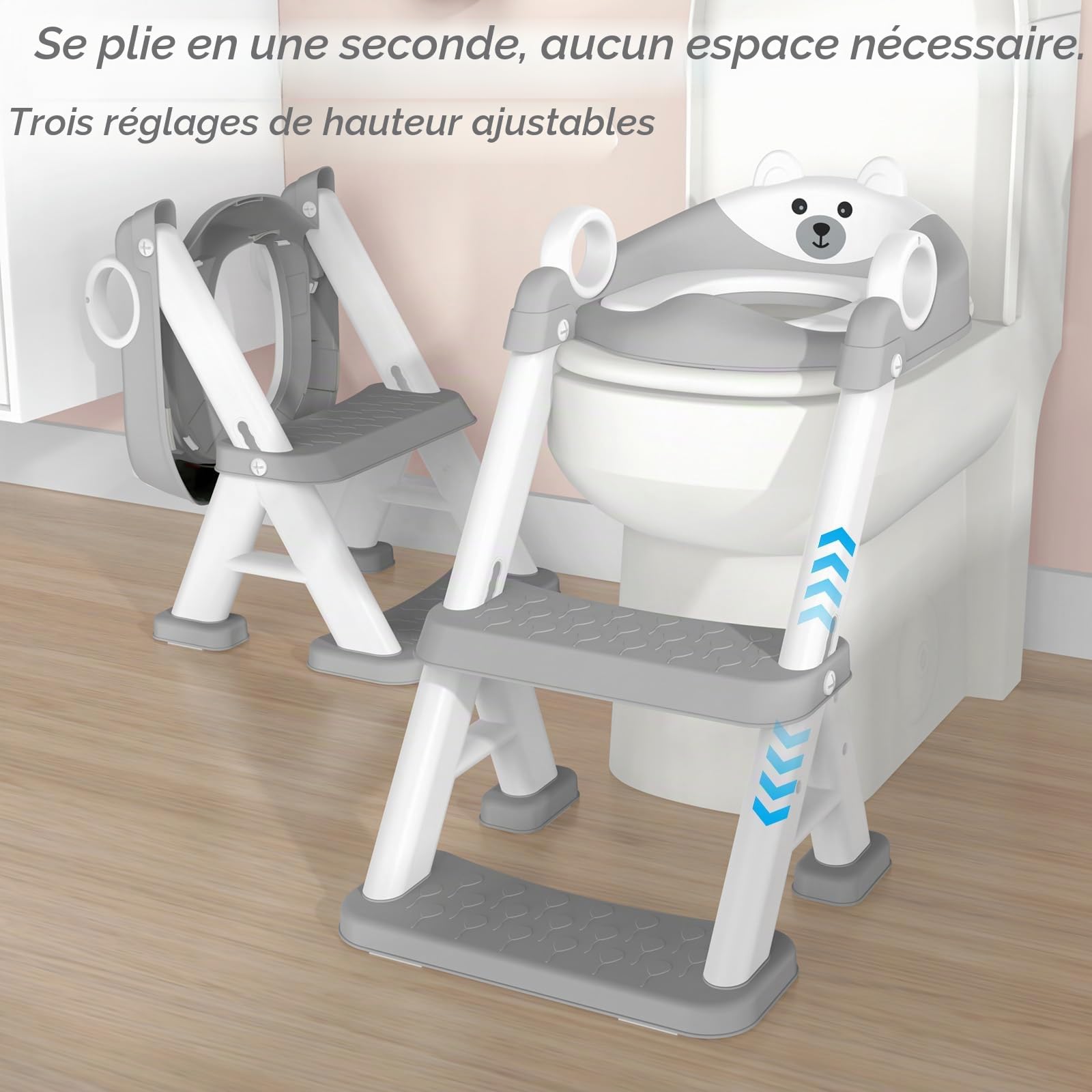 Reducteur Toilette Enfant, 2 en 1 Rehausseur Toilette Enfant pour Garçons et Filles, Siège de Toilette Enfants avec Escalier Pédale Allongée et Coussin, Abattant WC Antidérapant Échelle Réducteur Gris