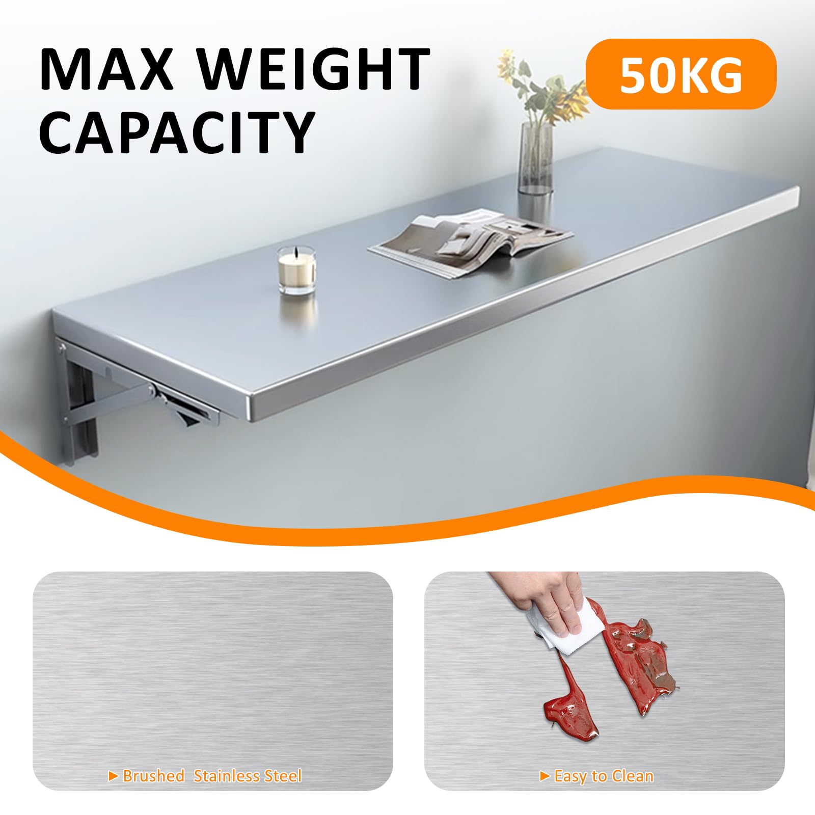 TAIMIKO Wandregal aus Edelstahl Klappbares Wandmontiertes Regal Gewerbliche Küchenregale Food Truck Restaurant,Garage,Wäscherei,Hauswirtschaftsraum Wäsche Klapptisch (40cm,2PCS)