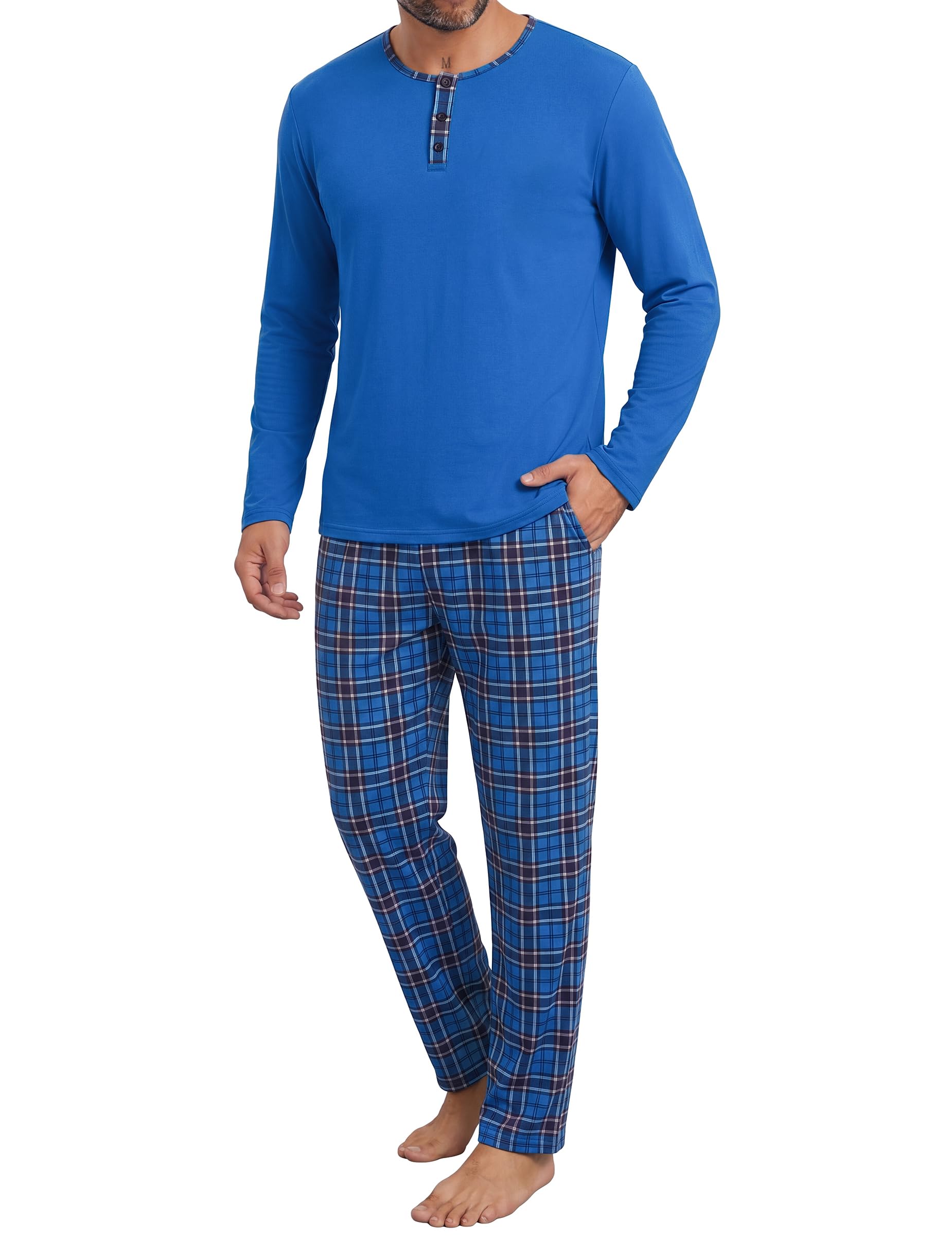 Litherday Schlafanzug Herren Lang Baumwolle Pyjama Zweiteilig mit Knöpfen | Rundhals Langarmshirt und Kariert Schlafanzughose,Pyjamas Set Langarm Männer mit Tasche,Henley Hausanzug