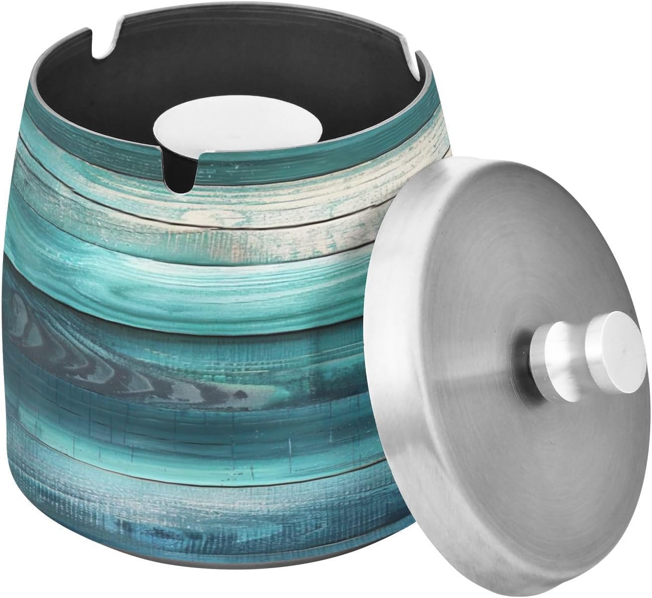 Ashtray for Cigarettes Indoor Outdoor, Teal Green Wood Large Stainless Steel Odorless Windproof Smokeless Tabletop Ash Tray with Lid for Patio Balcony Home Office Decor