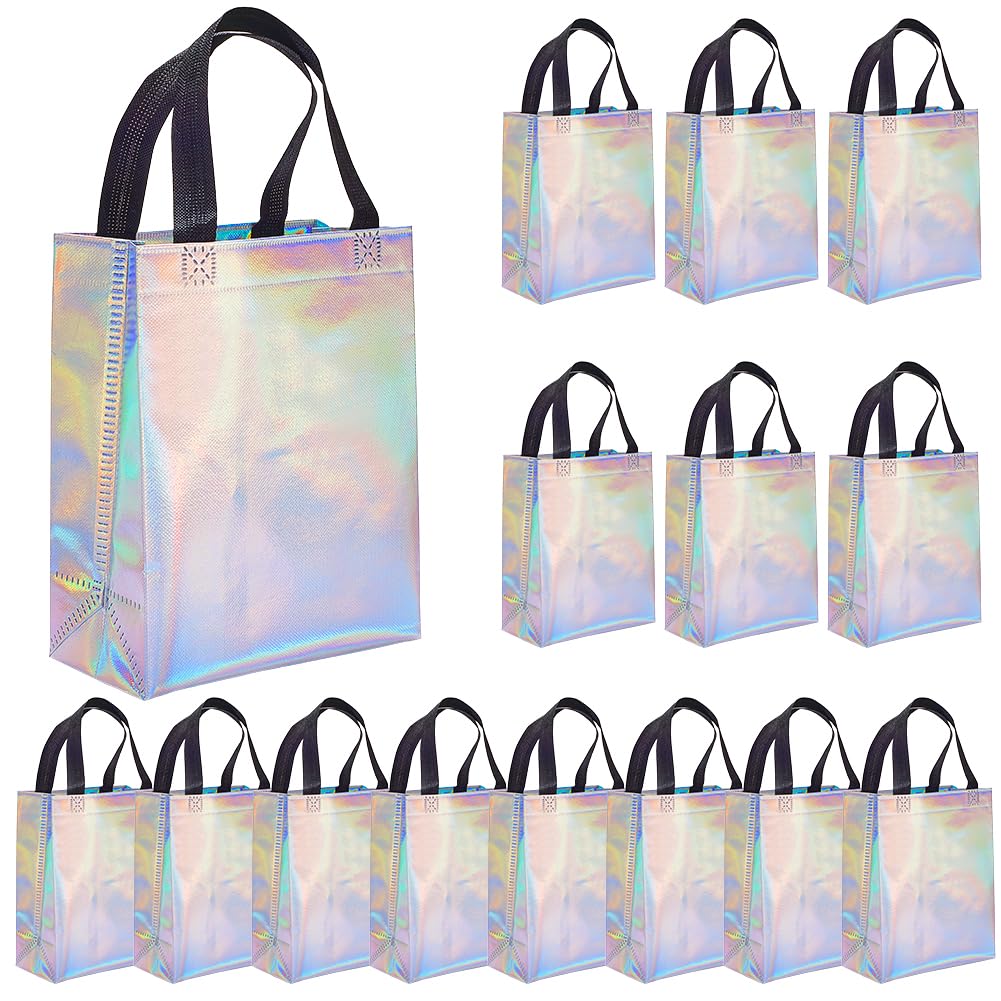 CREATCABIN 15Pcs Iridescent Glossy Gift Bags Non-woven Reusable Party Goodie Bags Small Gift Bag Bulk with Handles Sturdy Base for Birthday Christmas Weddings Holiday Easter Party Favors 7.7x4x9.8Inch