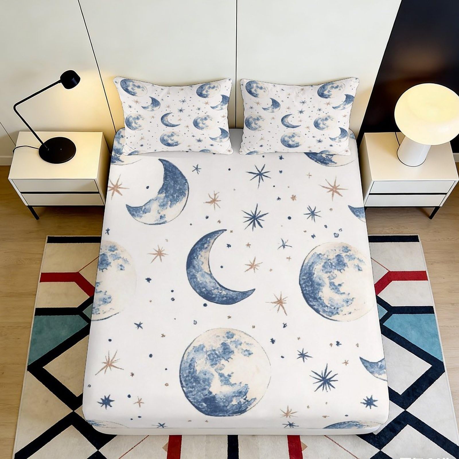 Pnayamiorkfel Style-9 3D Printed Moon And Star Fitted Sheet Microfiber Soft Blue Celestial Bed Cover For Bedroom Dorm Mattress Decor 90X200x25cm