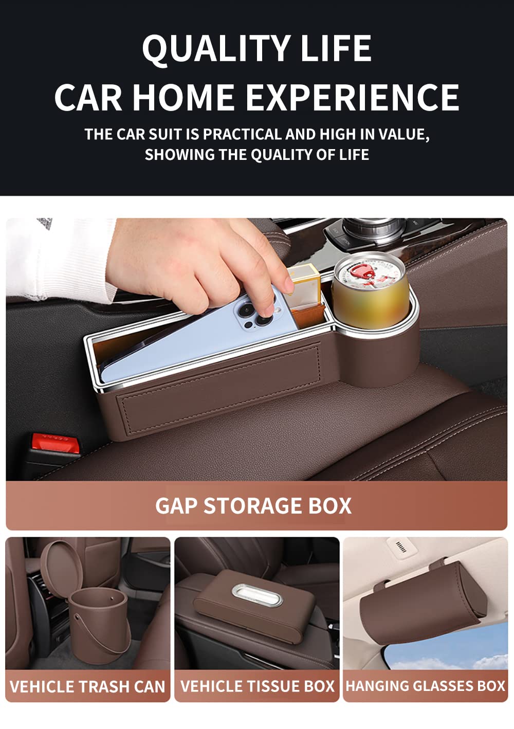 ontto Borsa Universale per seggiolino Auto con Fessura in Pelle PU Tasche Laterali Organizer per Sedile Auto Imbottitura Spazio per la Console Contenitore per Monete con Foro per Cavo USB Rosa
