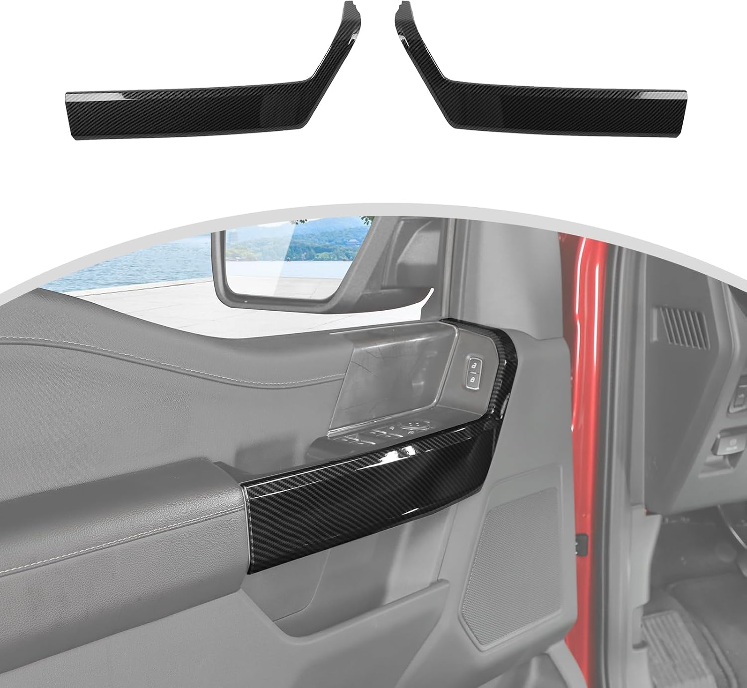 CheroCar 2pc Interior Front Door Handle Panel Cover Trim Accessories for Ford F150 2021-2024 [Carbon Fiber Grain]