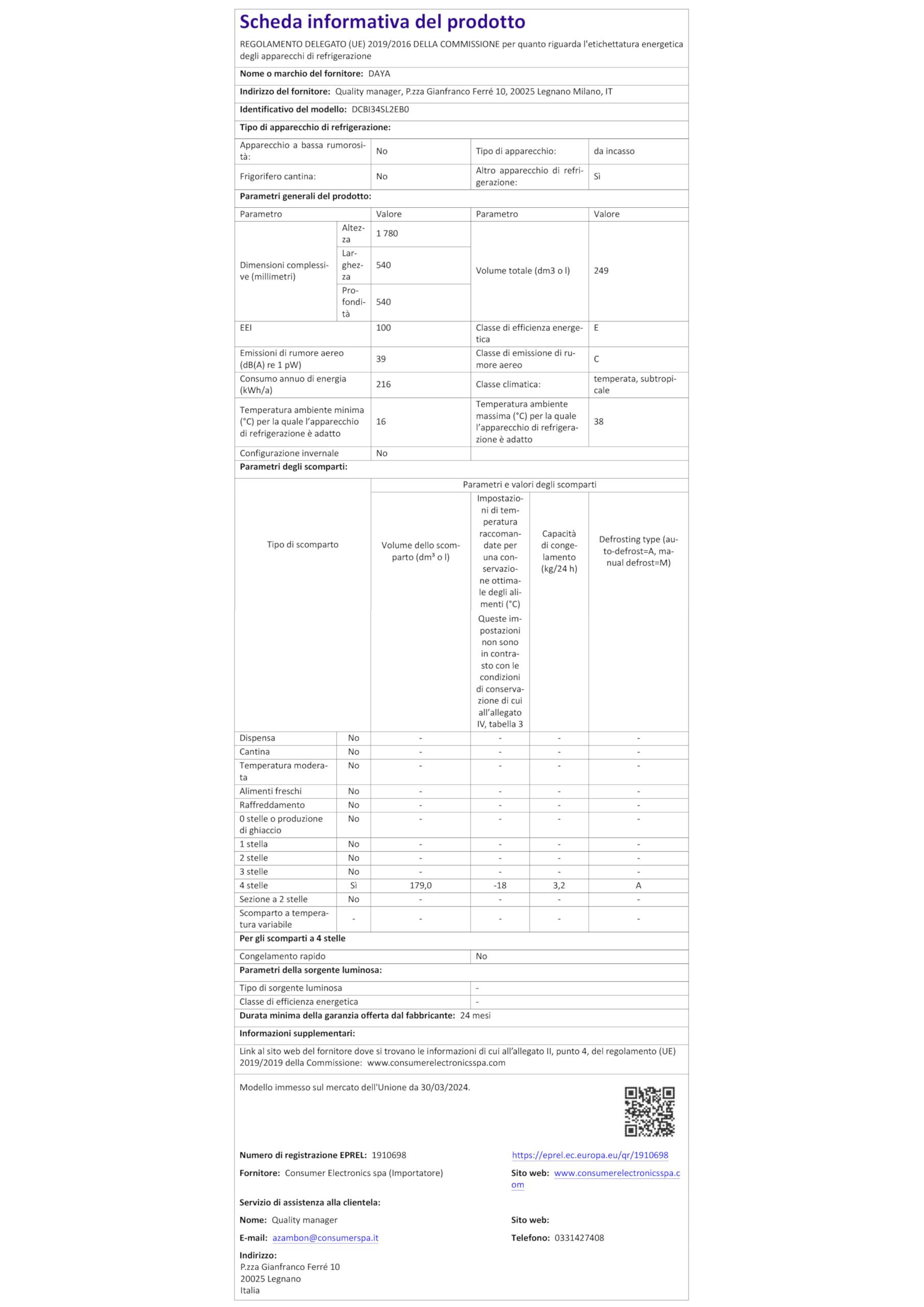 Frigorifero Combinato da Incasso Daya DCBI34SL2EB0, 249 Litri, Classe E, 39 dB, Congelatore 4 Stelle