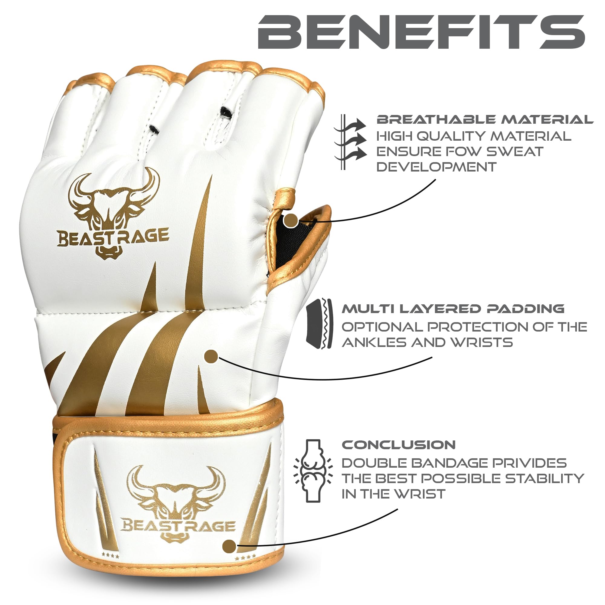 BEAST RAGE Guantes MMA para hombre grappling Muay Thai kickboxing con soporte muñeca almohadilla amortiguadora