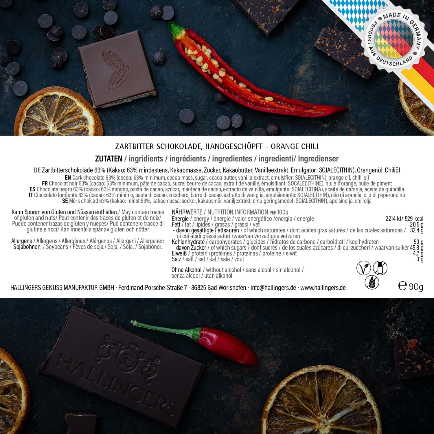 Hallingers Genuss Manufaktur Vegane Schokolade Weihnachts-Geschenk - Tafel handgeschöpfter Edelkakao ohne Alkohol edler Karton 10x "Zauberhafte Wei..." Orange-Chili, Weihnachten für Frauen Männer