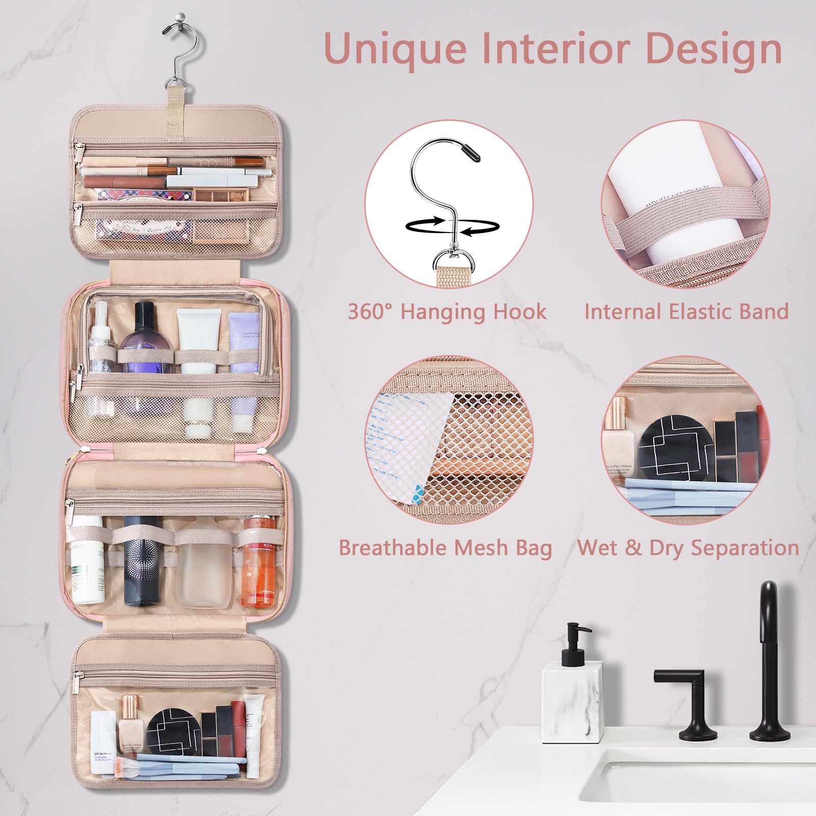 Wedama Neceser para mujer, bolsa de aseo colgante de viaje con compartimento organizador de joyas, bolsa de maquillaje, bolsa de maquillaje impermeable, bolsa de viaje para cosméticos, viajes, camping