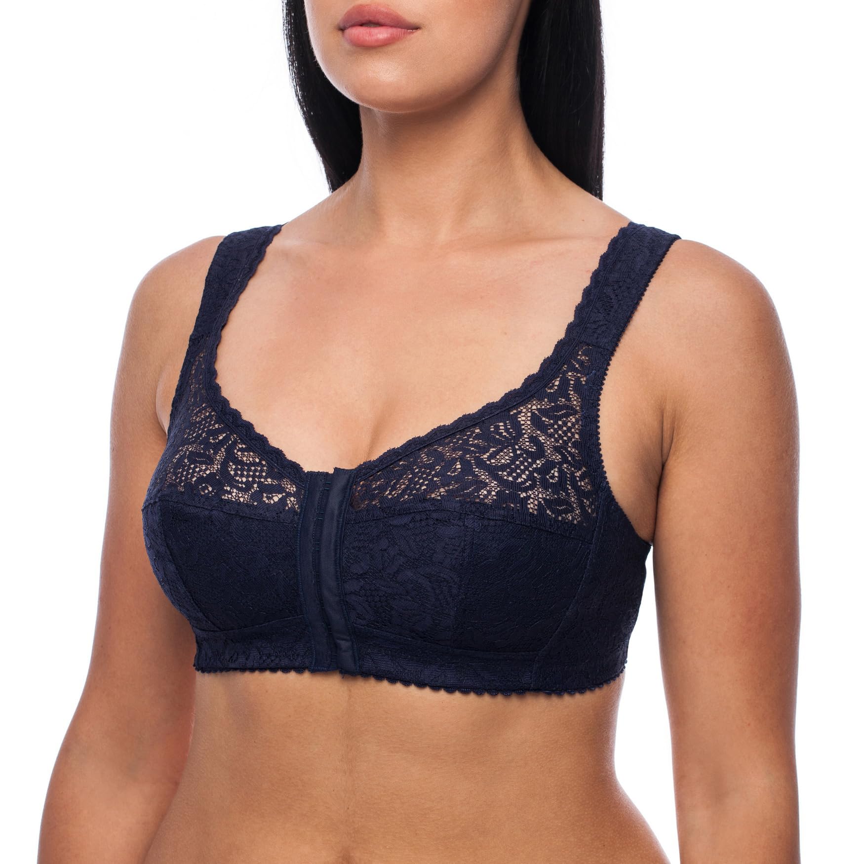 frugue Women's Front Fastening Bra Plus Size Wireless Minimiser Support UK Blue 44 DD