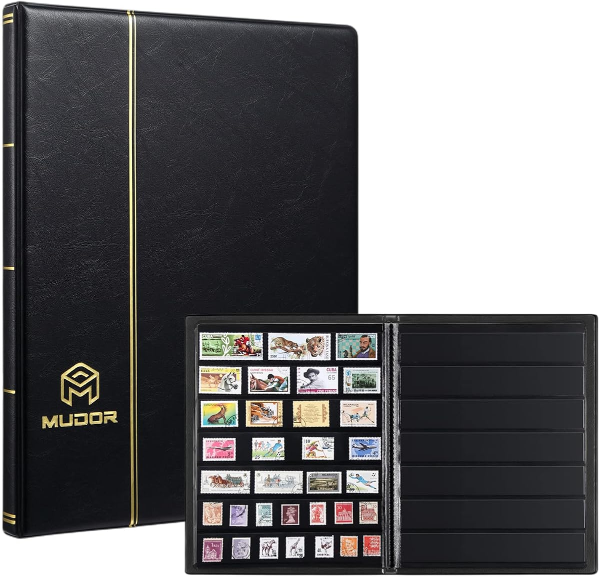 MUDOR 7 Rows Stamp Collection Book,Stamp Albums for Collectors | 10 Sheets Stamp Pages, Black Stamp Collecting Supplies Starter Kit, Stamp Stockbook Binder