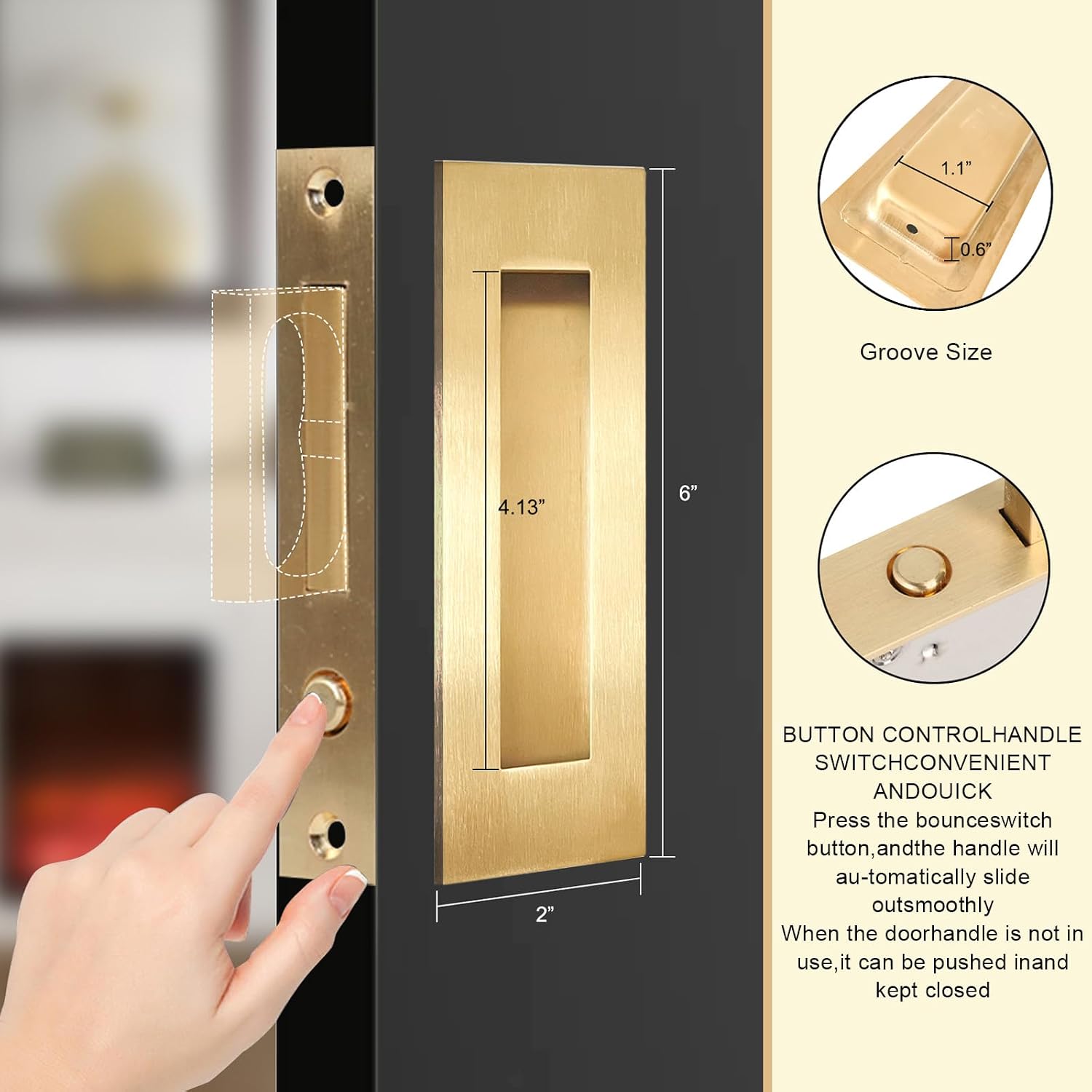 Pocket Door Hardware,Recessed Finger Flush Pulls with Edge Pull,Sliding Pocket Door Handles,Heavy Duty Edge Pull with Pop Out Ring Pull (Gold, 6Inch)