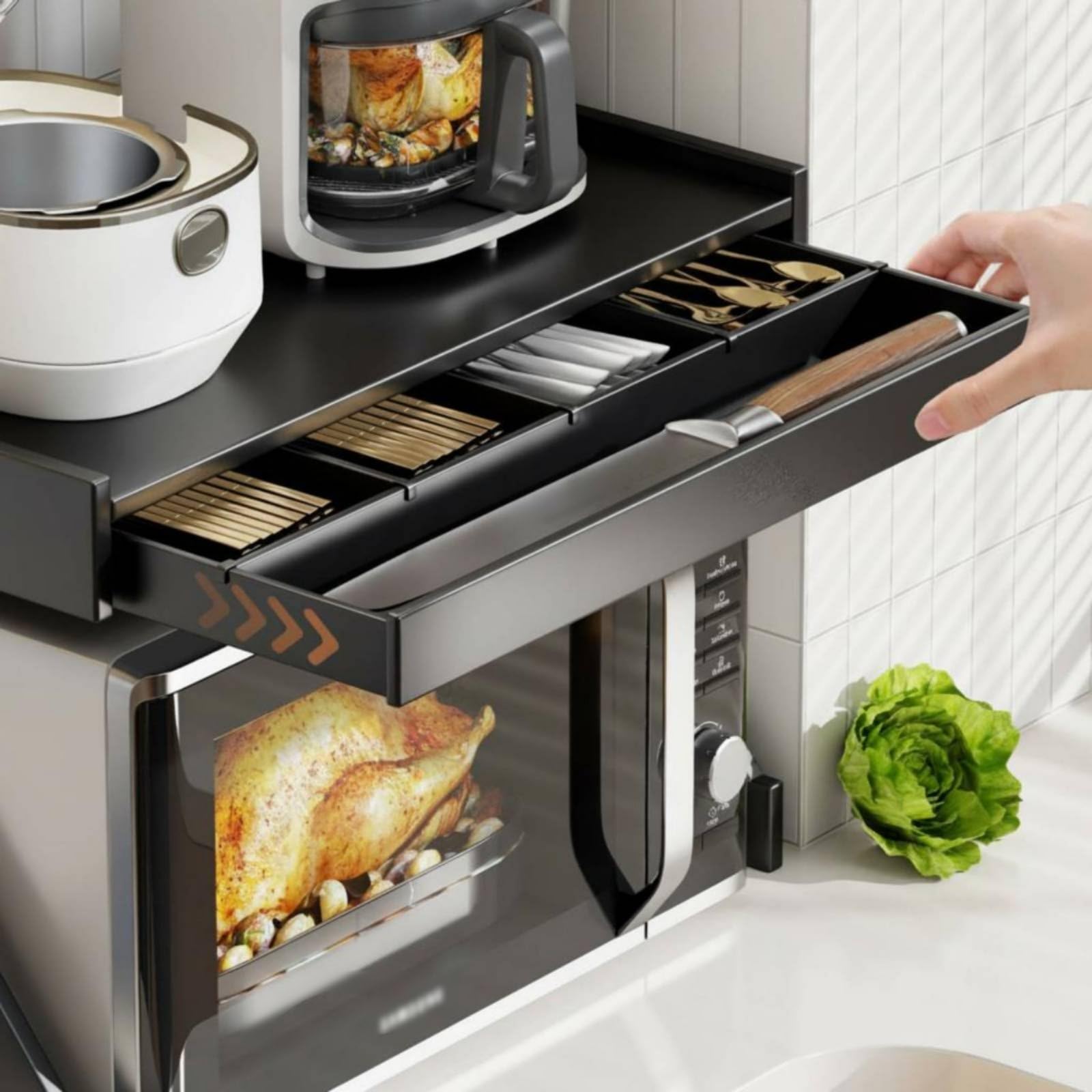Estante de Microondas de Cocina Estante Organizador Repisa con Cajón Soporte para Horno Microondas Estructura de Acero al Carbono Diseño Vertical con, 50CM