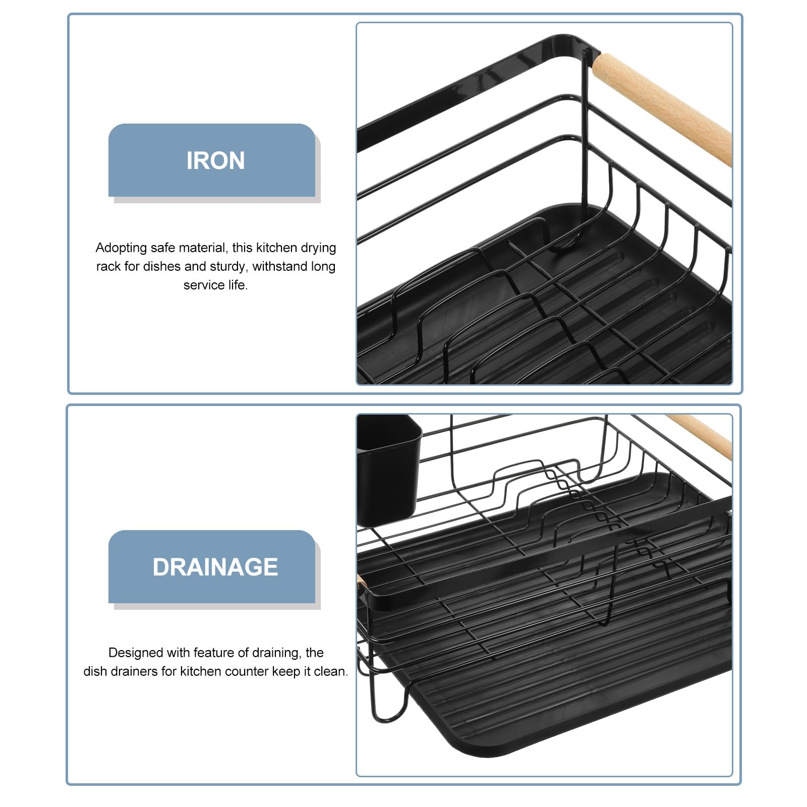 TOYANDONA Escurridor Bandeja de Drenaje de Hierro Negro Gran Capacidad de Platos y Soporte para Cubiertos, Diseño Multifuncional para Encimera de Cocina
