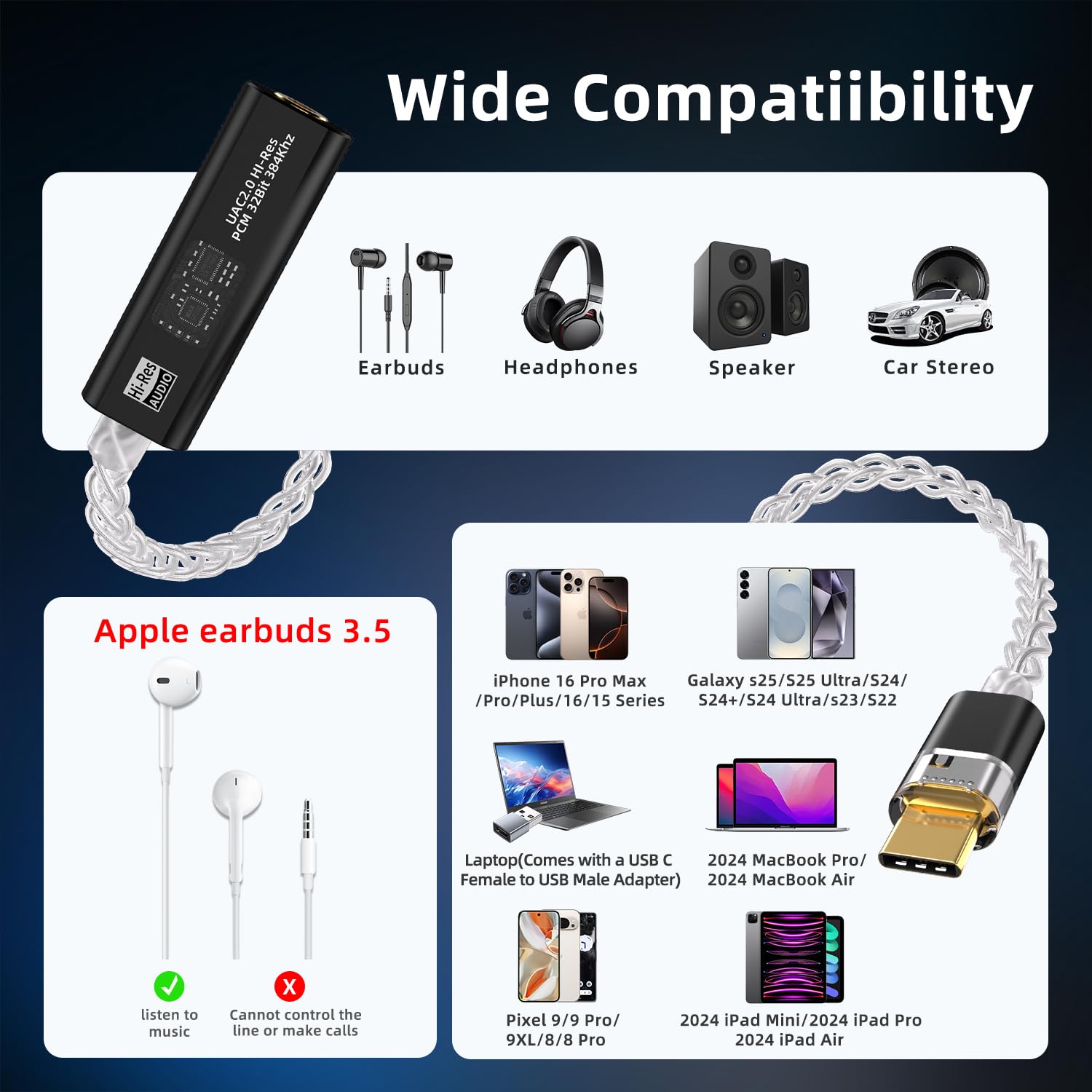 Adattatore per cuffie da USB C a DAC da 3,5 mm con doppio chip CX31993 e MAX97220, amplificatore di decodifica portatile ad alta risoluzione 32bit/384 kHz, con cavo OCC placcato argento per iPhone