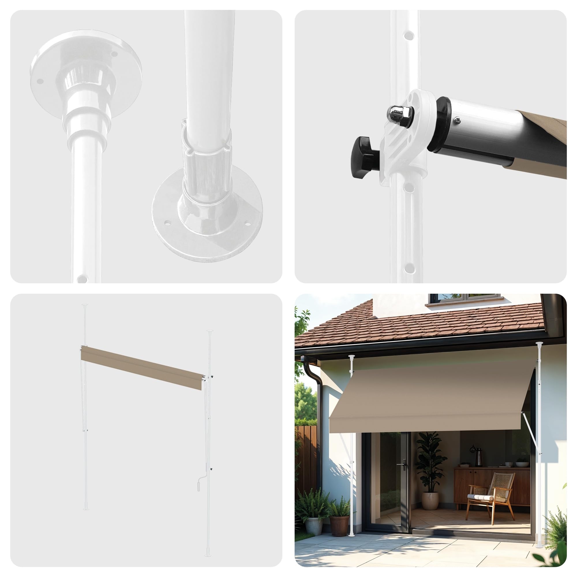 Wasabi - Toldo Retráctil Exterior 300x120cm Cityline - Altura Ajustable - Montaje Suelo y Pared sin Taladrar - Lona Beige Protección UV - Inclinación Regulable - Jardín Balcón - Estructura Blanca