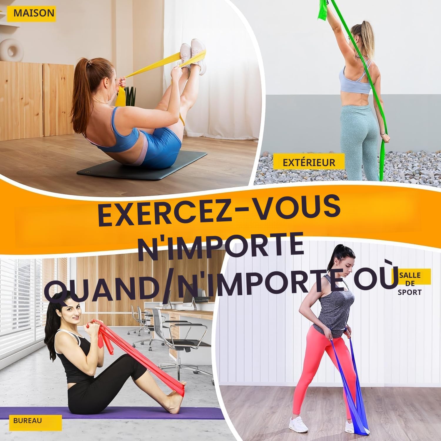 Fokky Lot de 4 Elastique Musculation 1.5M/1.8M/2M 4 Niveaux Bande de Resistance Sport Pilates Yoga
