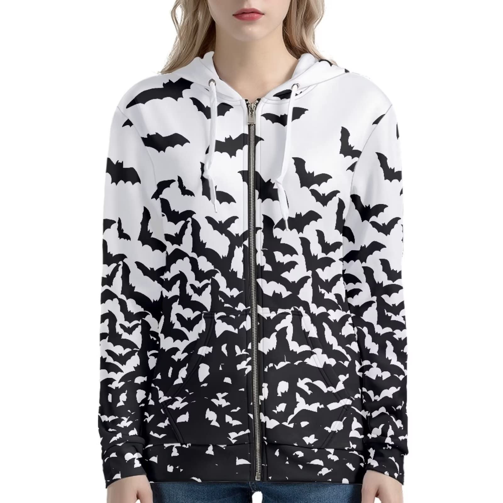 HUIACONG Bluza z kapturem zapinana na zamek błyskawiczny, damska bluza dla nastolatek, rozmiar XS-5XL, sweter z kapturem, Nietoperze białe, XL
