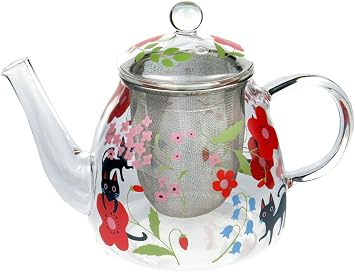 NEKO NKH-1009 Heat-Resistant Glass Pot, Approx. 17.9 fl oz 530 ml, Includes Tea Strainer, Flowers, Cats, Cute, Gift, White Day, Birthday Gift, For Human Use