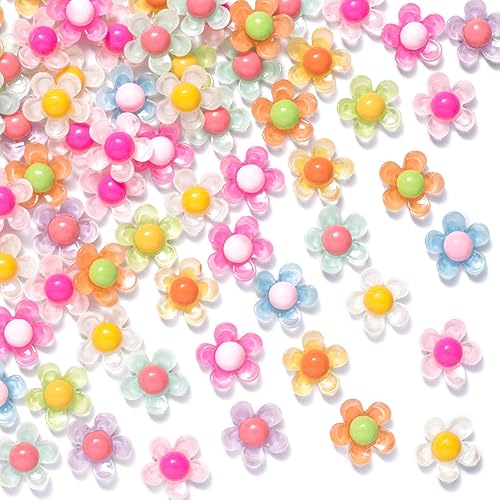 PAGOW 80 cuentas de resina de 5 pétalos, flores de 0.78 pulgadas, cuentas de plástico con parte trasera plana para hacer joyas, adornos de tarjetas,