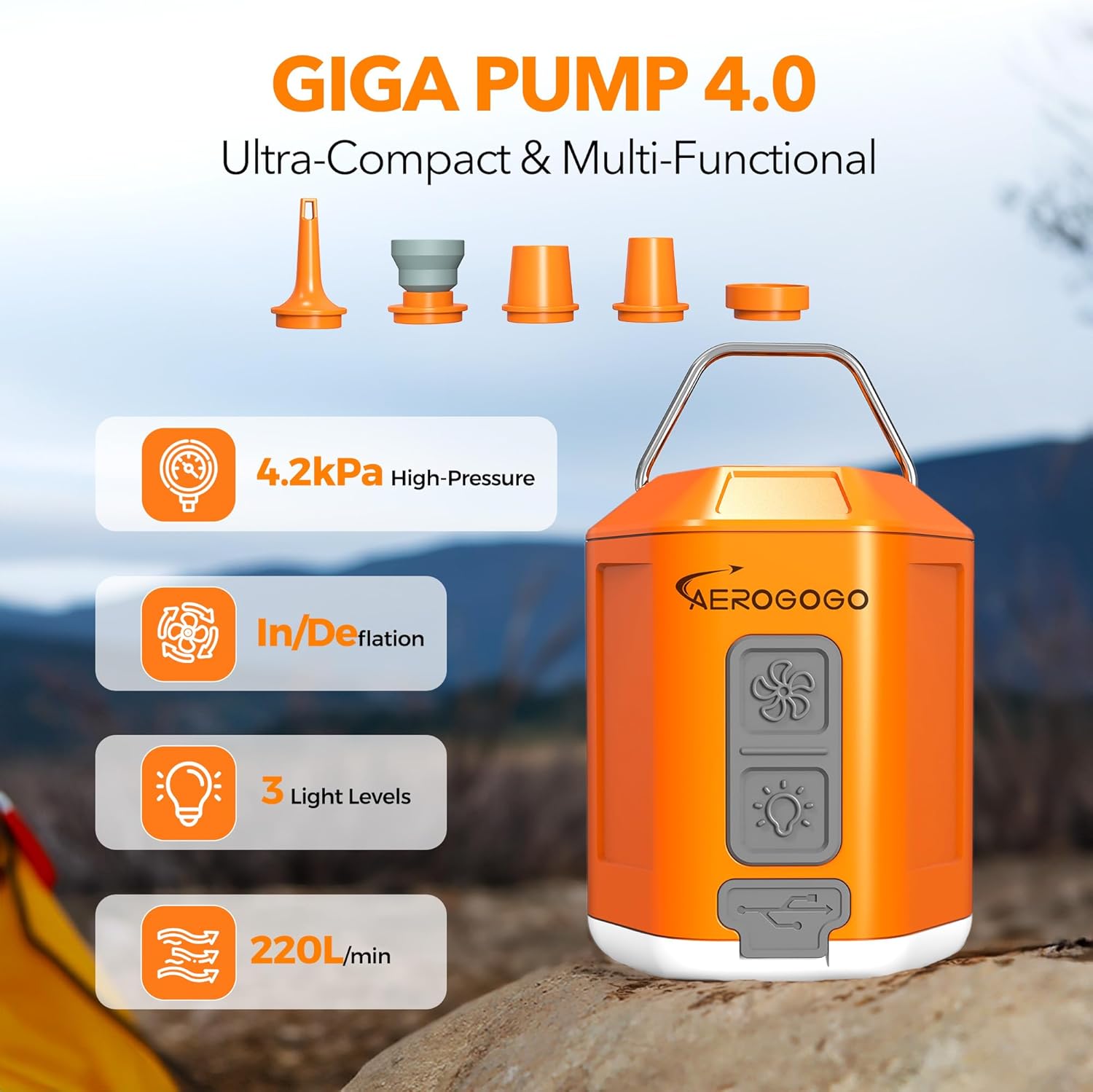 Portable Air Pump 4.2kPa Air Pump for Inflatables Rechargeable GIGA PUMP 4 with Camping Light Ultra Air Mattress Pump