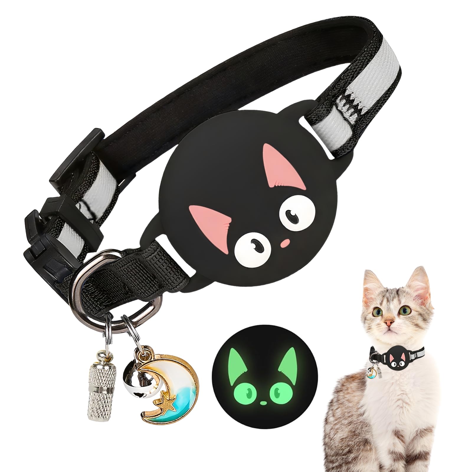 Reflective Breakaway Cat Collars with Bells, Hidden GPS Tracker Airtag Safety Buckle Kitten Collar, with Name Tag, Waterproof AirTag Cat Collar Holder, Pet Supplies, Accessories, Stuff(Black)