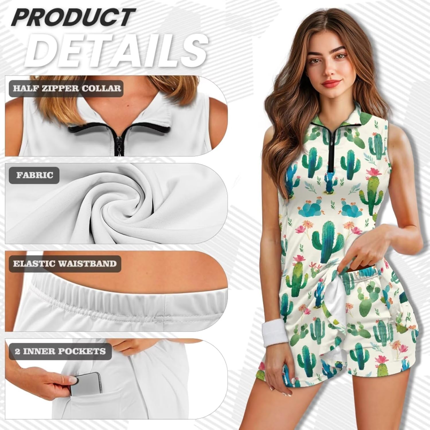 COEQINE Tennis Dresses for Women with Shorts Zip Front Golf Dress with Pockets for Alethic Foldable Visor Hat 3Pcs,XS-2XL
