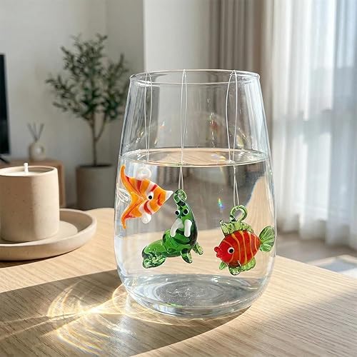 Miniatura 6 de Figuras de peces de vidrio soplado a mano con flotadores, juego de 3 pequeños animales marinos tropicales decorativos (A)