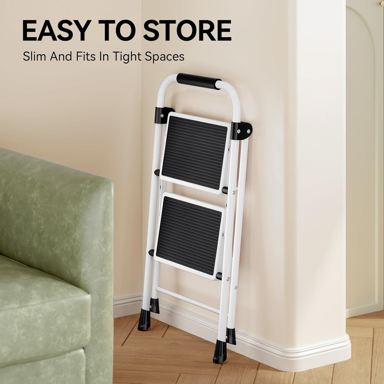 KINGRACK 2 Step Ladder, Folding Step Ladder, Kitchen Ladder with Anti-Slip and Wide Pedal, Small Step Stool with Handrails, Lightweight Portable Stepladder for Home Kitchen Household, White - Image 7
