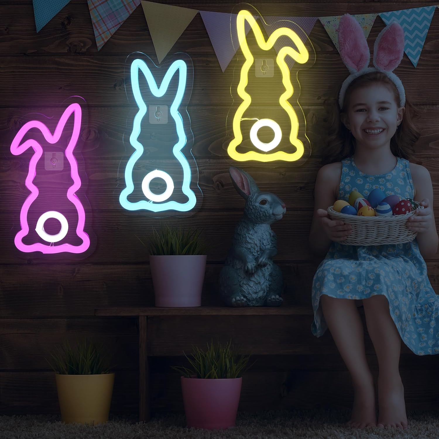 ROCEEI 3 Pcs Easter Neon Signs Bunny Rabbit Egg Neon LED Lights USB Easter Window Lights Wall Window Decor for Party Holiday Night Bedroom Gifts(Bright Rabbit Style)
