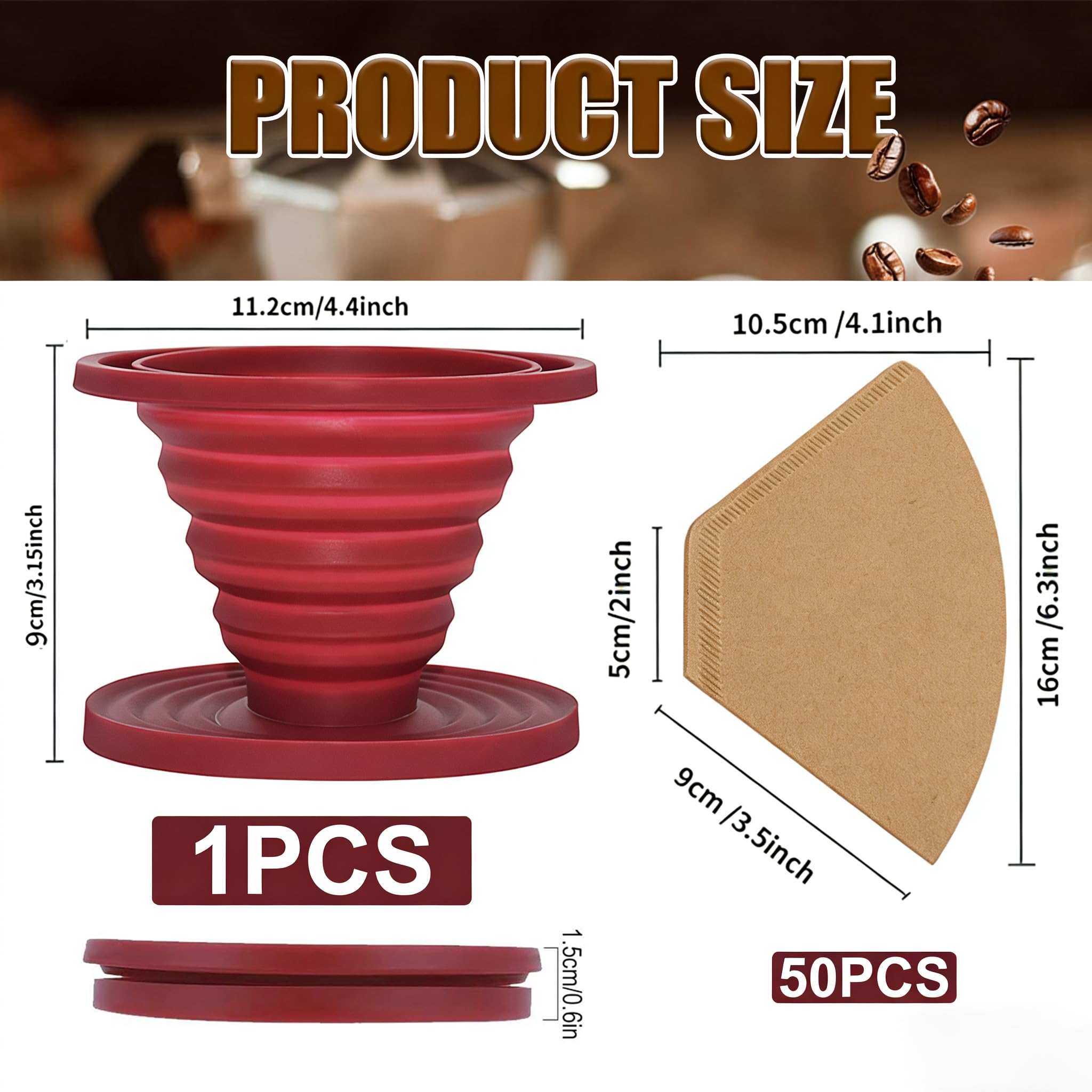 Collapsible Faltbarer Silikon Kaffee Tropfer mit 50 Papierfiltern Wiederverwendbarer Kaffeefilter für Zuhause Camping Reise Büro Groß Kegel V02 2-4 Tassen Rot