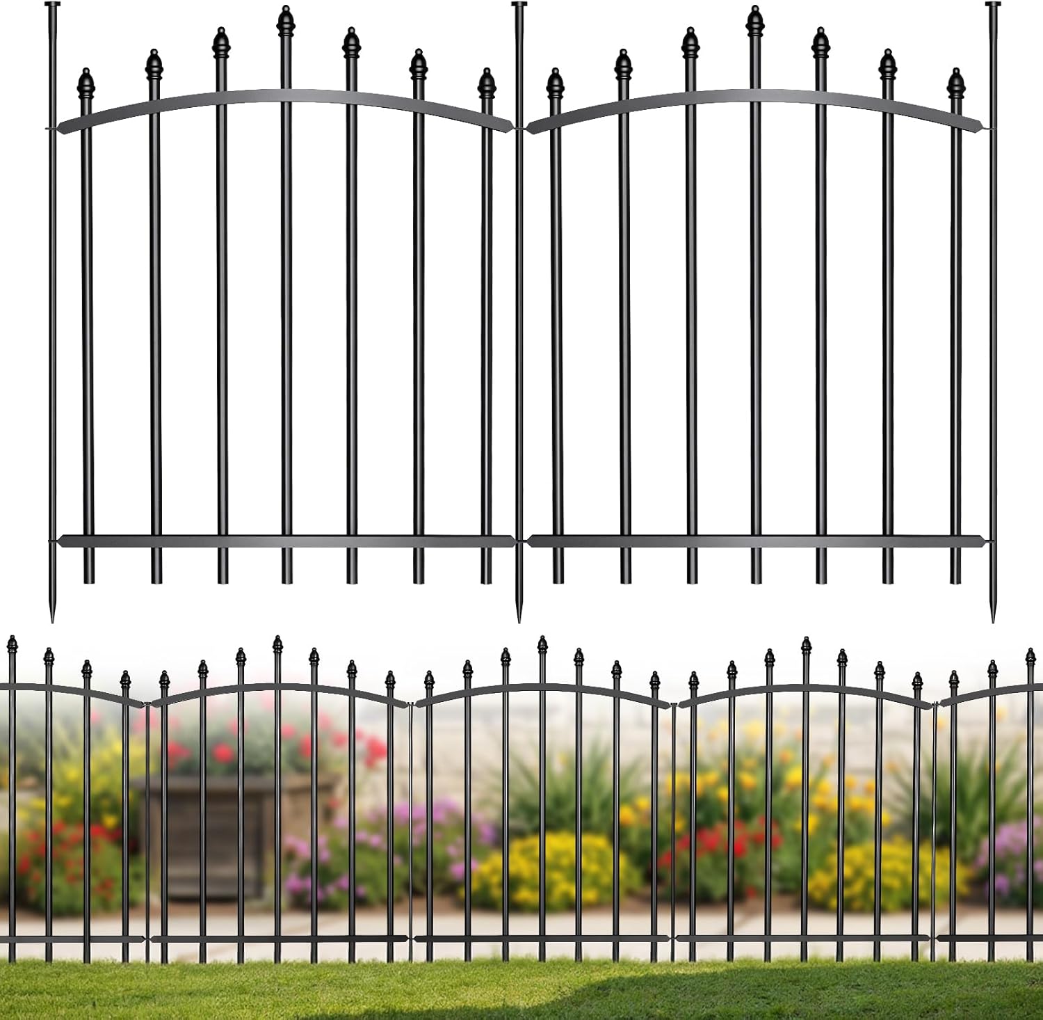 5 Panels，No Dig Edging Decorative Garden Fence，32 in （H） x 24 in（L），Metal Rustproof Panel，Outdoor Dog Fence，Animal Isolation Fence Suitable for Gardens，Roman Column Black