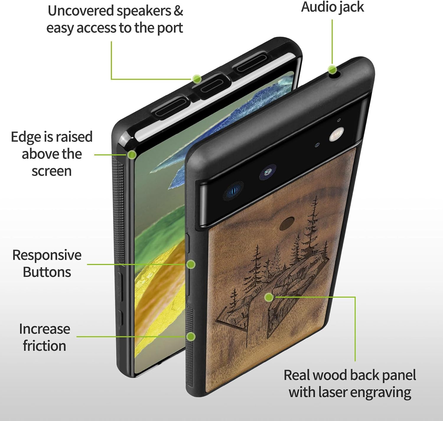 Carveit Wood Case for Pixel 6 Case [Natural Wood & Black Soft TPU] Shockproof Protective Unique & Classy Wooden Cover Compatible with Google Pixel 6 (Wild Falls-Walnut)