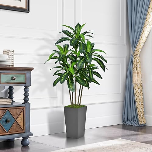 Miniatura 2 de ASTIDY Árbol de Dracaena artificial de 5 pies, árbol sintético con maceta alta gris, planta de suelo de yuca tropical falsa en maceta, árbol de seda