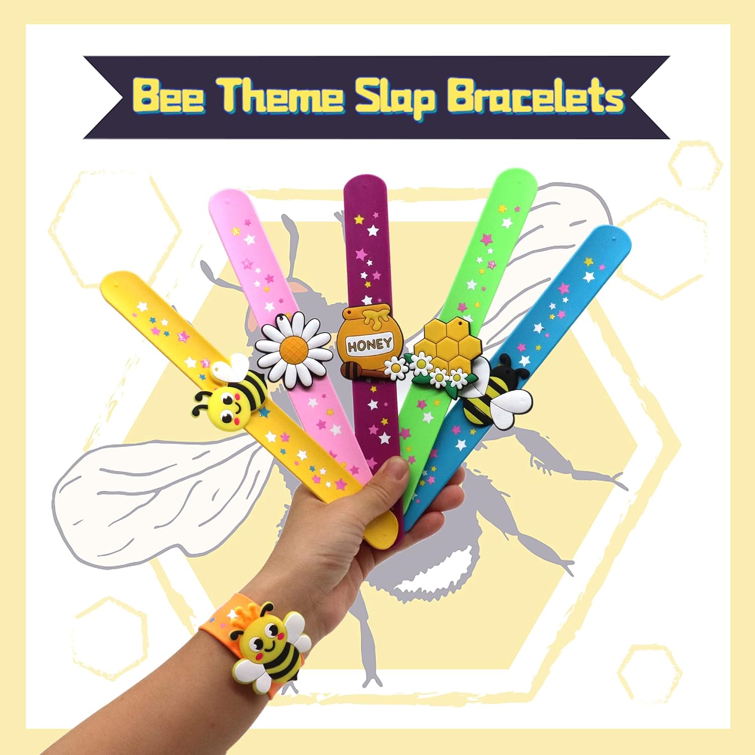 Bee Theme Slap Bracelets Party Favors- Bee Silicone Wristbands (6pack) for Teens Birthday&Bee Theme Party Supplies Carnival Prizes Suit Classroom Exchanging Gifts image 2
