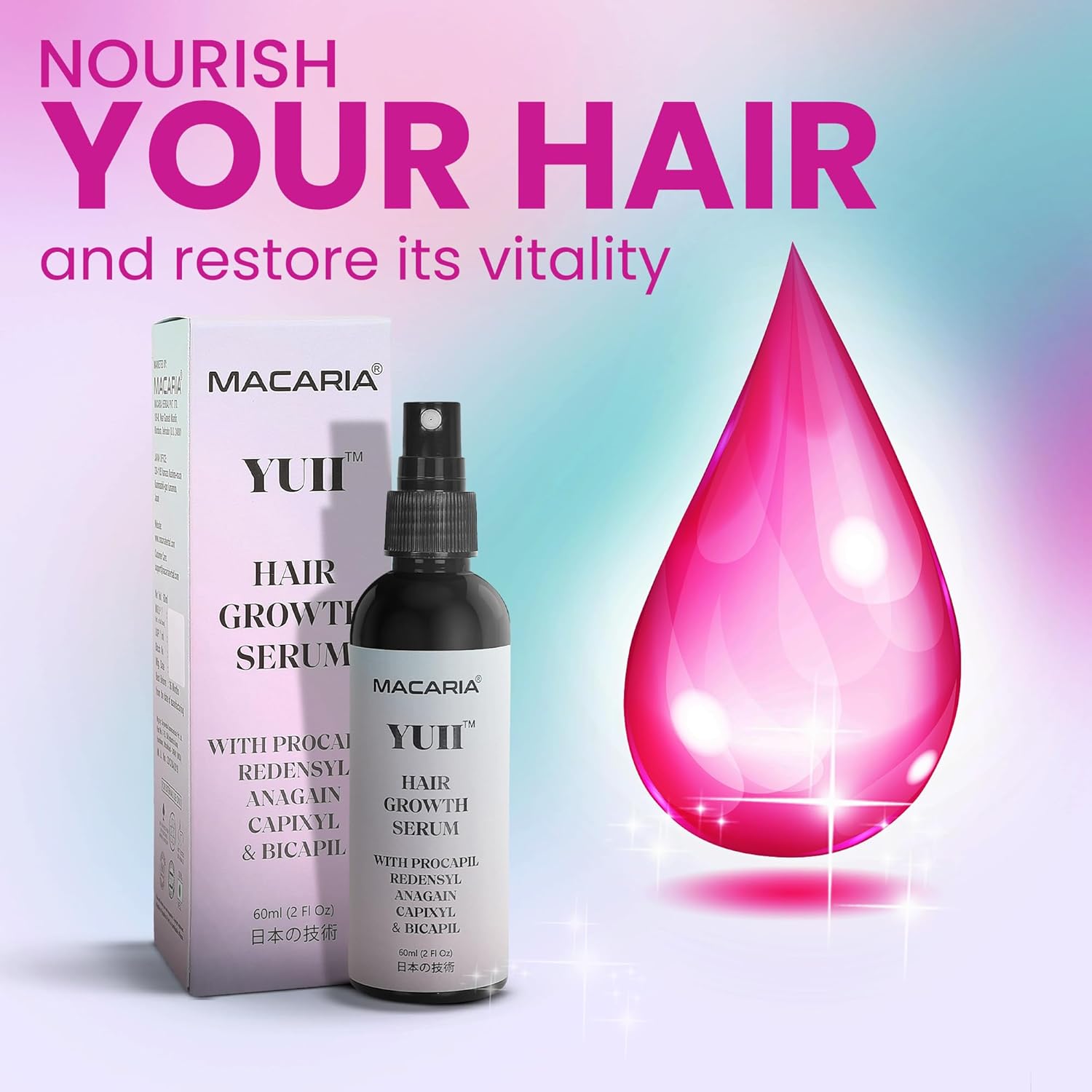 Macaria Yuii Procapil Hair Growth Serum with Redensyl & Capixyl, for Anti Thinning & Hair Loss, with Advanced Anagain & Baicapil, Infused with Essential Vitamins & Saw Palmetto, for Men & Women, 2 Fl - Image 4