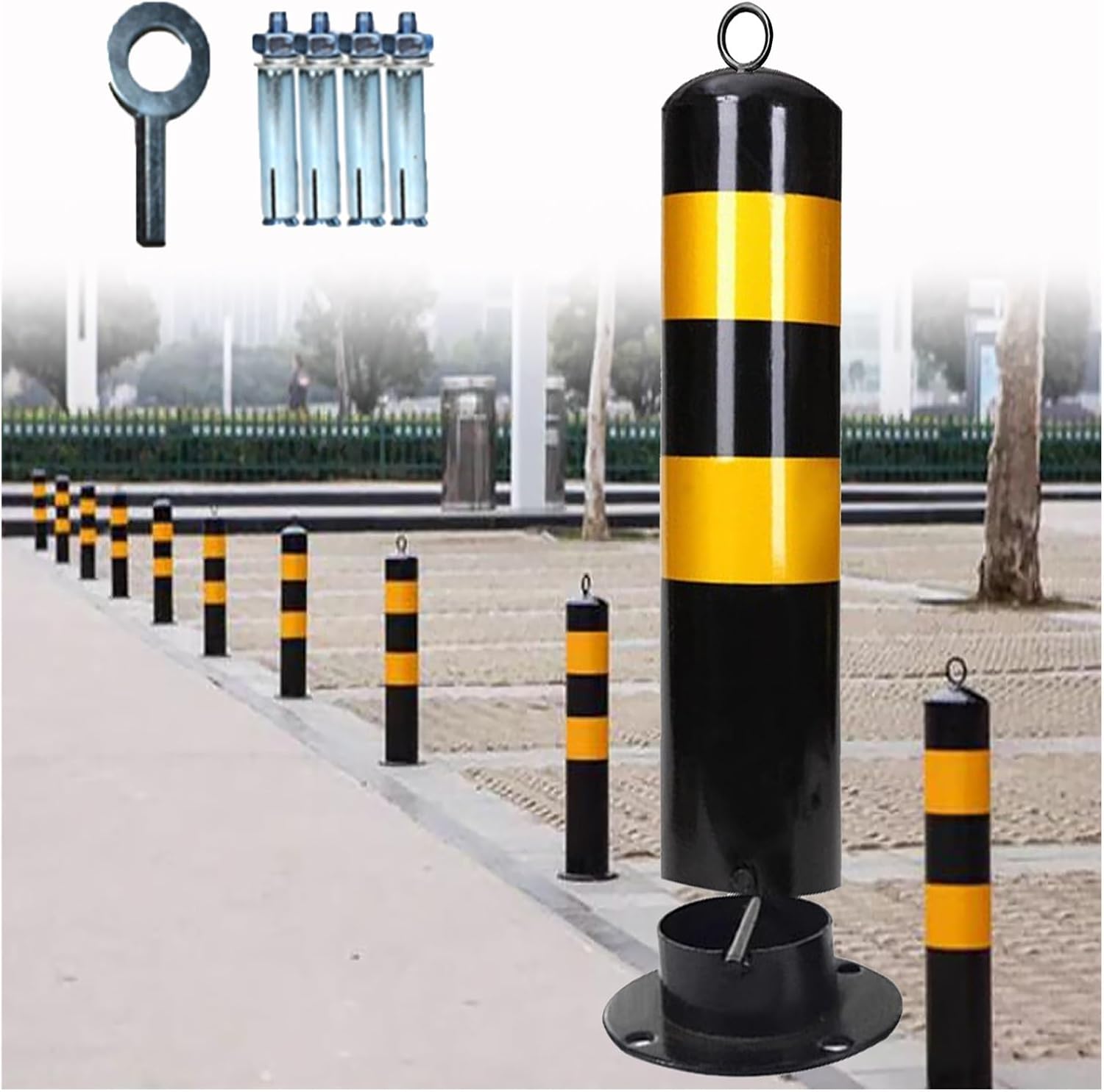 Safety Cones,Metal Iron Safety Bollard Post,20in Tall Reflective Parking Post with Hanging Ring,Driveway/Sidewalk/Garage Traffic Control Barriers Caution Cones,Easy to Install & Remove