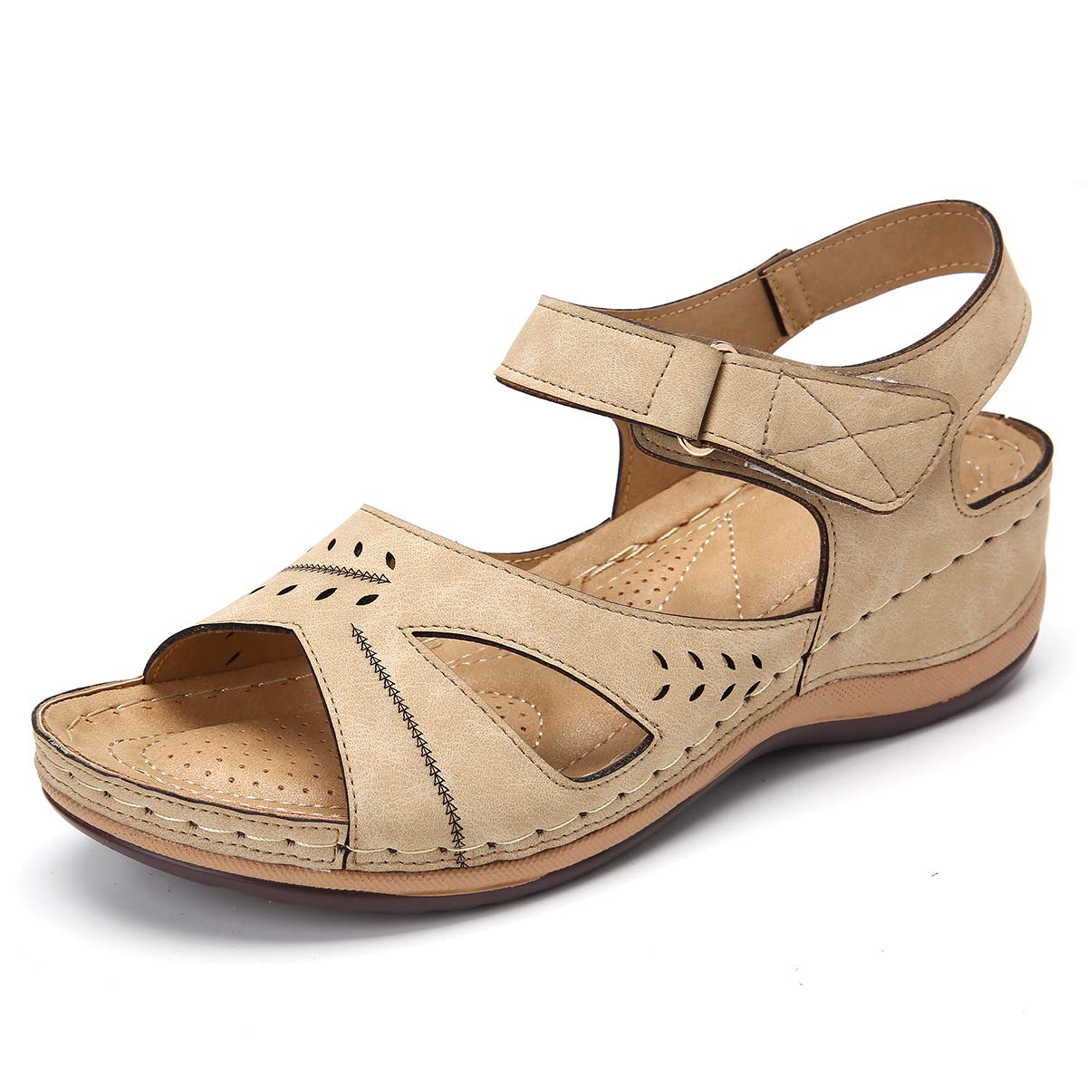 Platform Wedge Sandals for Women Summer Open Toe Walking Sandals Comfort Cushion Sole Anti Slip Ankle Strap Hook Loop Slippers Outdoor Lightweight Beach Shoes Leather Slingback Wide Fit