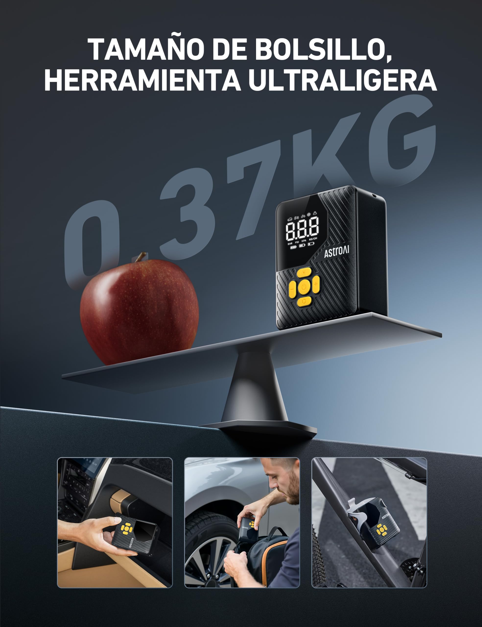 AstroAI Mini Compresor Aire Portátil, Inflador Ruedas Coche 150PSI | Inflador Electrico, Hinchador Neumáticos con Batería Recargable y Luz LED para Coche, Bicicletas, Moto y Etc.