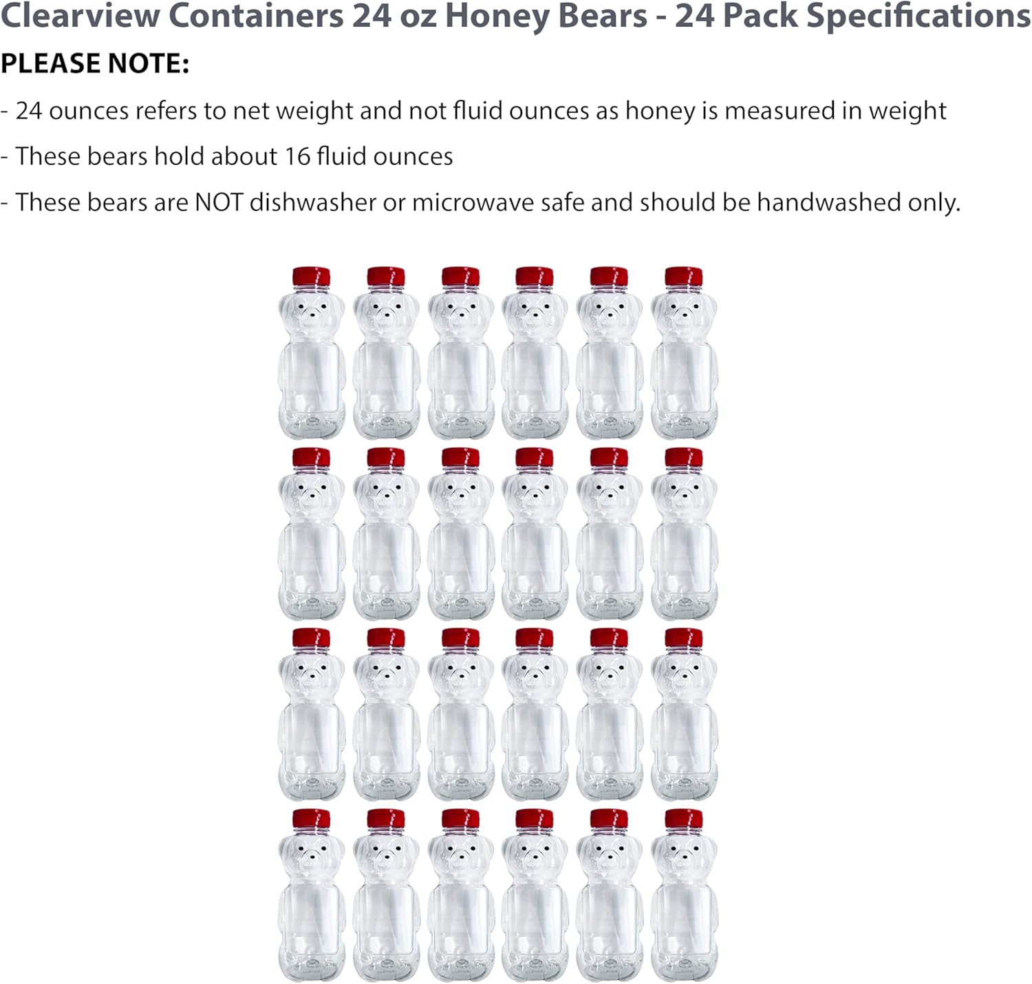 24 Pack of 24 Ounce Honey Bears with Sealable Red Flip Top Lids (24 oz. Bear, 24pk, Red)