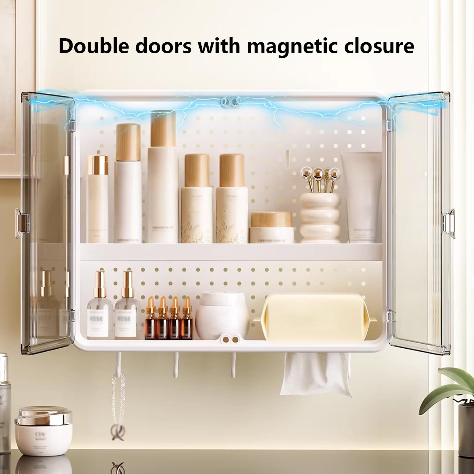 Armario de Baño con Espejo Material Plástico Armario Pared Colgante Baño Dispensador de Papel Inferior con Ganchos Ideal para Baños, Salones y Cocinas(D)