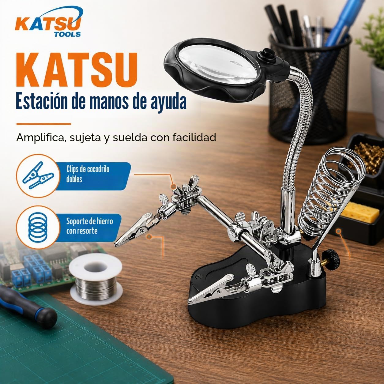 KATSU Lupa para Soldar con Lámpara LED Manos Amigas con Clips Lupa 3.5X 12X Dispositivos de Sujeción para Soldar con Pinzas de Cocodrilo para Trabajos de Reparación de Ensamblaje 990747