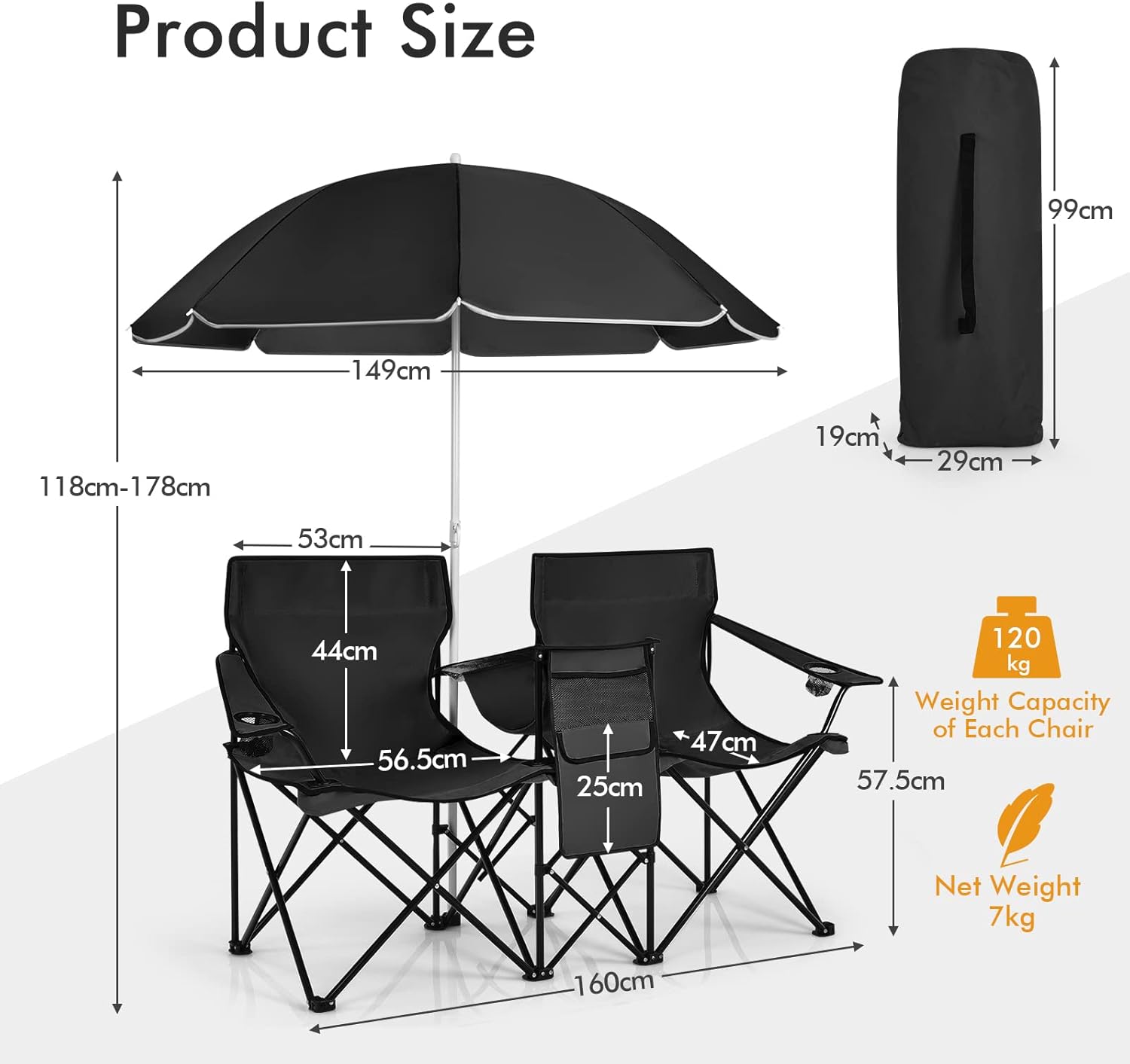 ARLIME Double Folding Beach Chairs with Umbrella, Outdoor Picnic Portable Loveseat Chairs with Removable Umbrella & Mini Table Carrying Bag, Camping Chair for Patio, Pool, Park (Black)