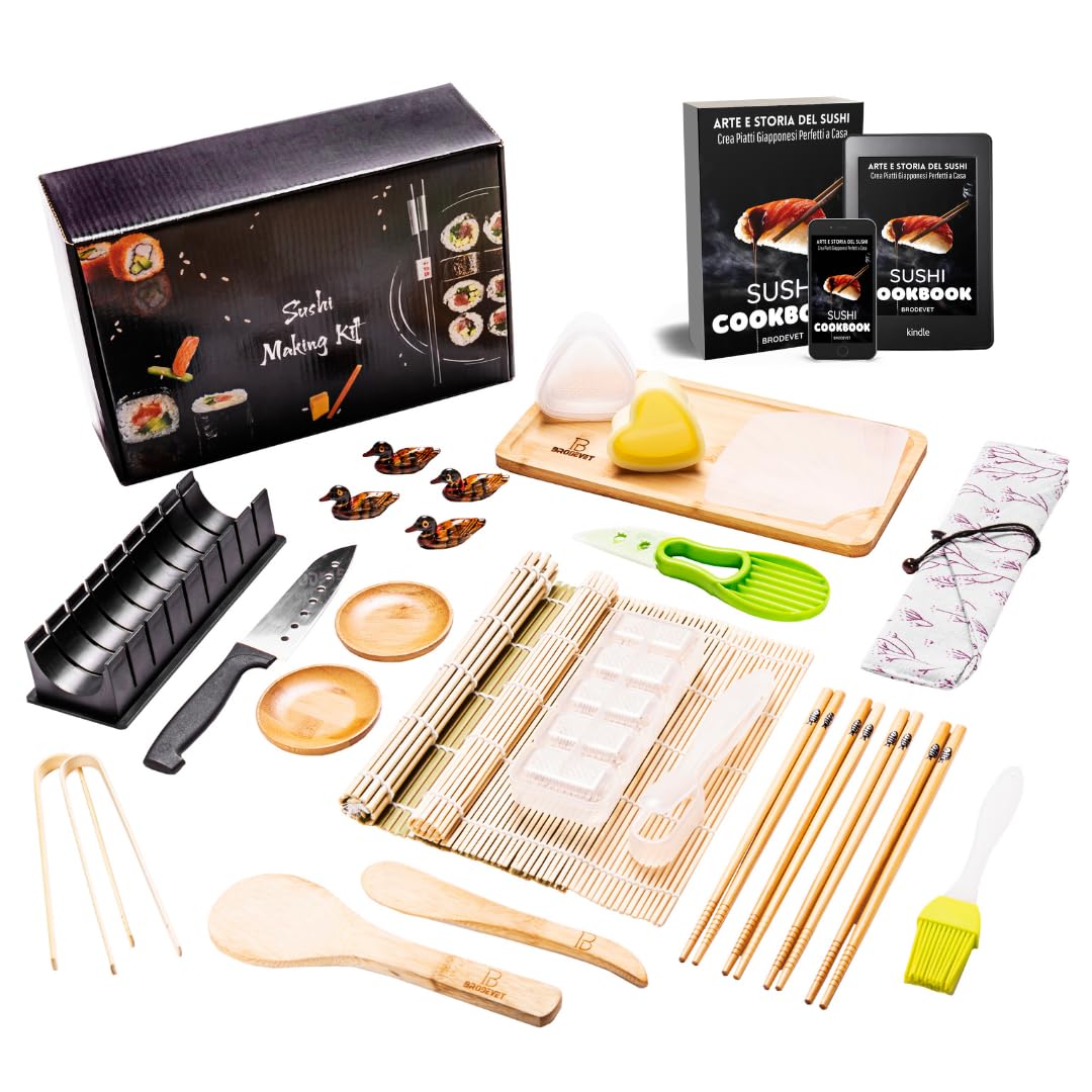 Kit Sushi 2025 – 29 Piezas con Guía Práctica, Recetario, Palillos Japoneses, Esterilla Sushi, Molde Onigiri, Arroz Sushi, Alga Nori para Sushi – Set Profesional DIY para Principiantes
