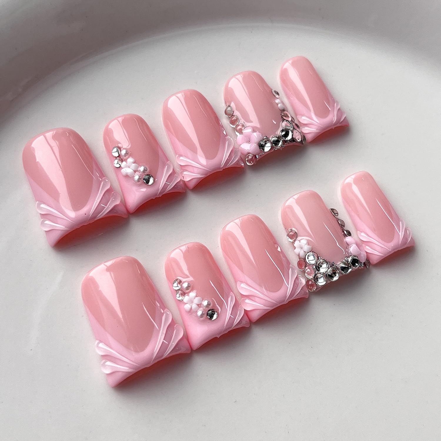 French Tip Press on Nails - Handmade Floral Acrylic Art