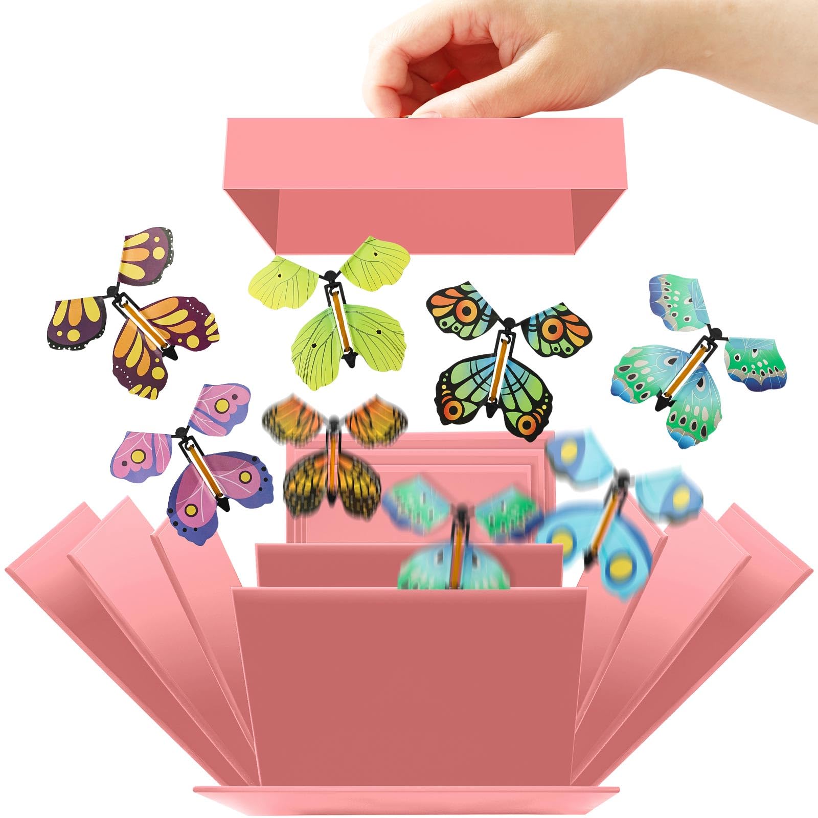 JarThenaAMCS Butterfly Explosion Gift Box Surprise Explosion Pink Paper Treat Box with Spring Flying Butterfly for Birthday Party, Cake for Delivery Supplies, 5.9 x 5.9 x 5.9 Inch