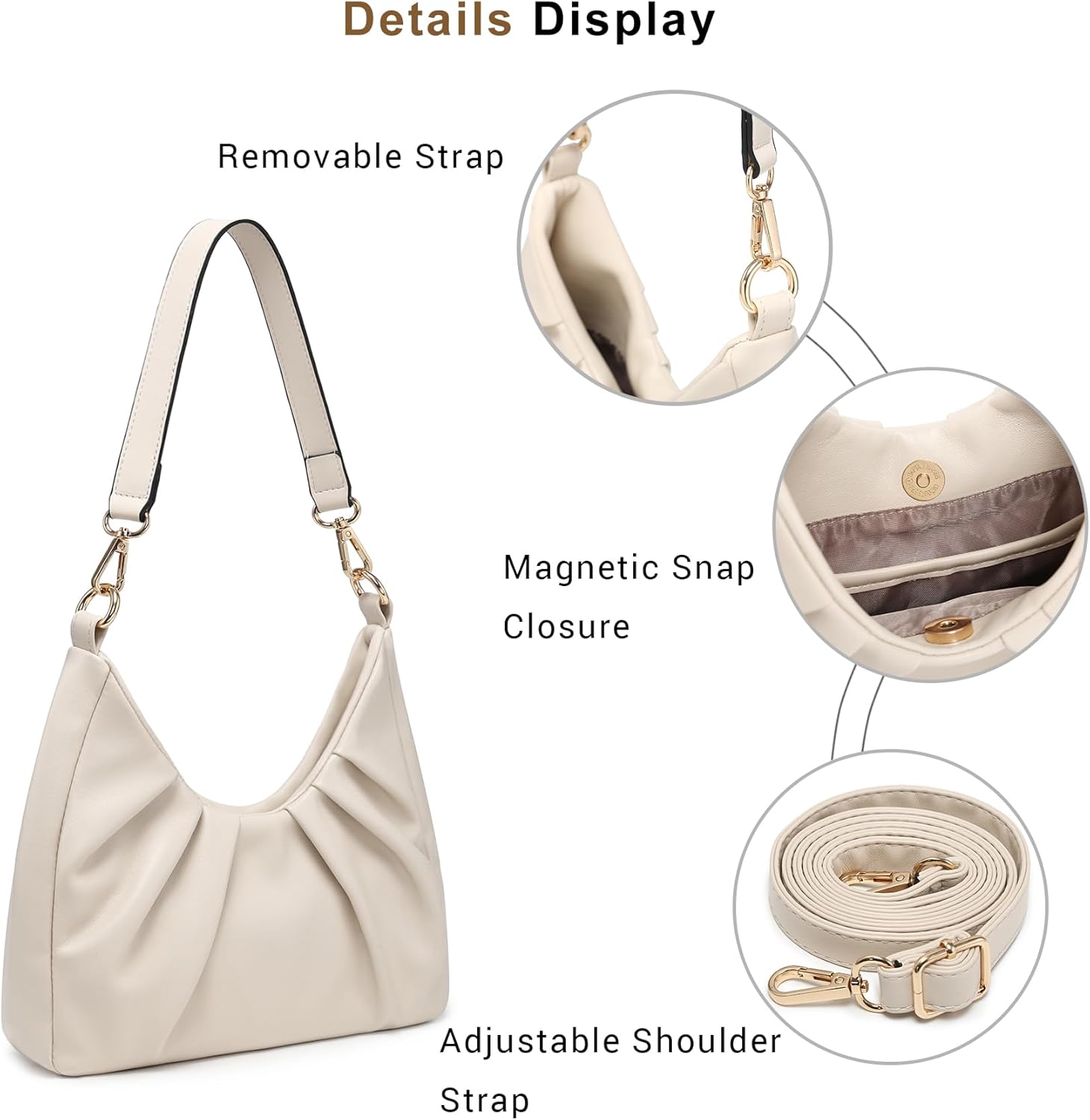 Dasein Ruched Hobo Handbag for Women Retro Shoulder Purse Crossbody Bag with 2 Removable Straps - Image 6