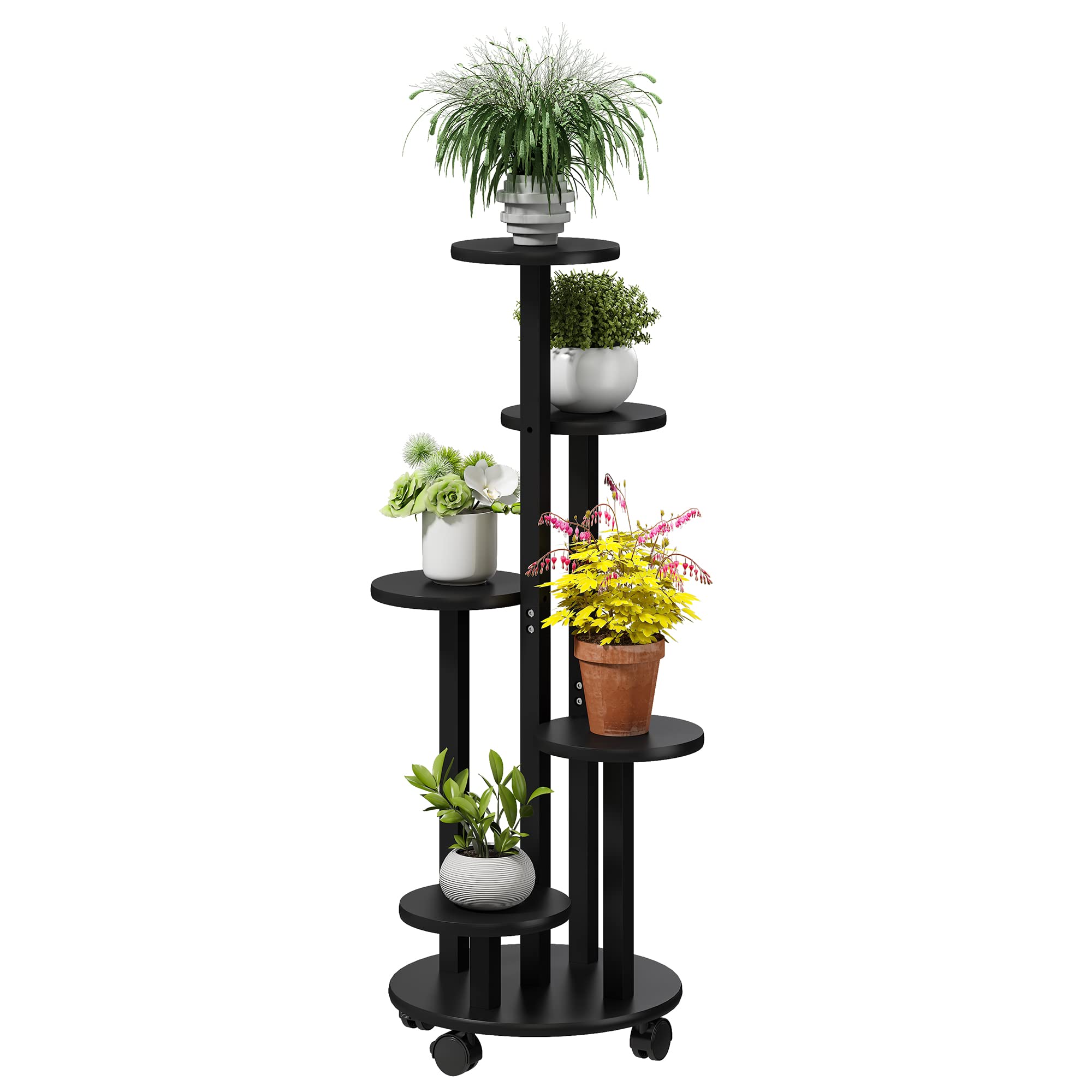 FILWH 5 Tier Plant Stand For Outdoor Indoor Tall Bamboo Movable Flower Stand With Wheels Plant Shelf Pot Holder Plants Corner Display Rack Multiple Planter For Living Room Balcony Garden Patio(Black)