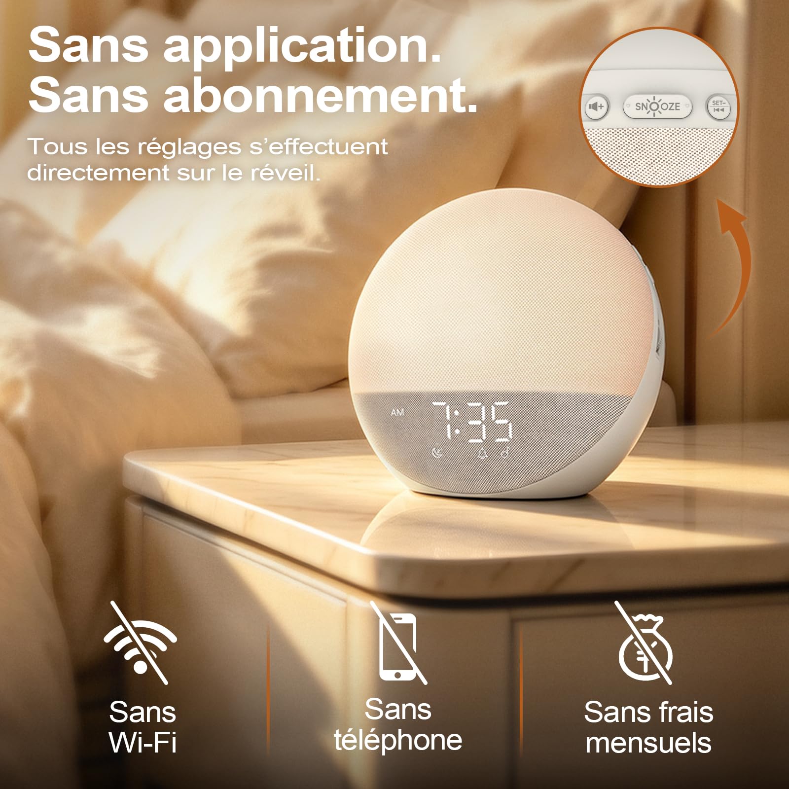 Réveil Simulateur d’Aube Bluetooth, Réveil Lumineux, Beige | 3 modes de réveil, 7 alarmes, haut-parleur 5 W, veilleuse RGB 12 couleurs et écran réglable 0–100 %, sans application