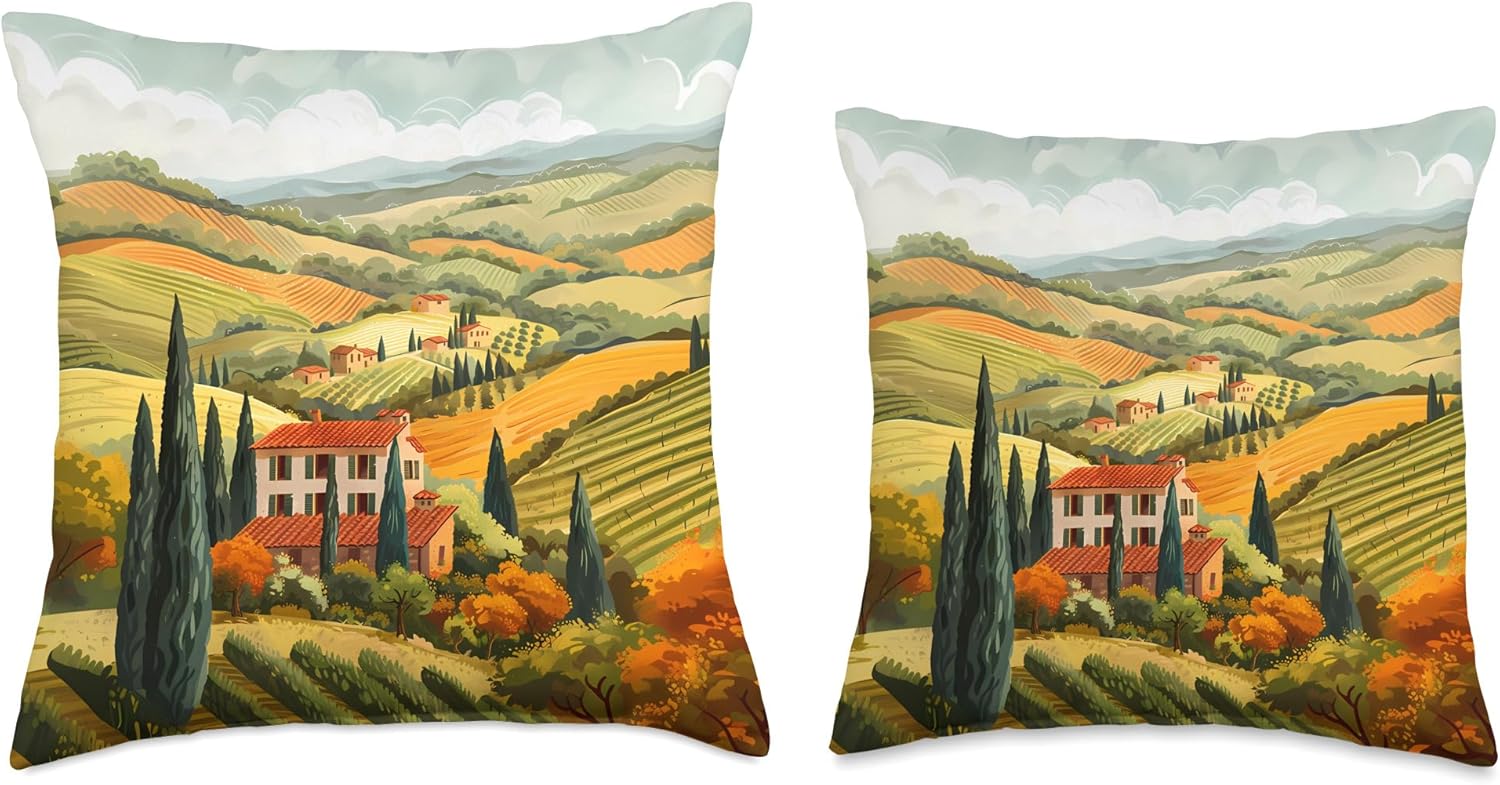 Illustration of Italians Countryside of Tuscany, An Italian Throw Pillow